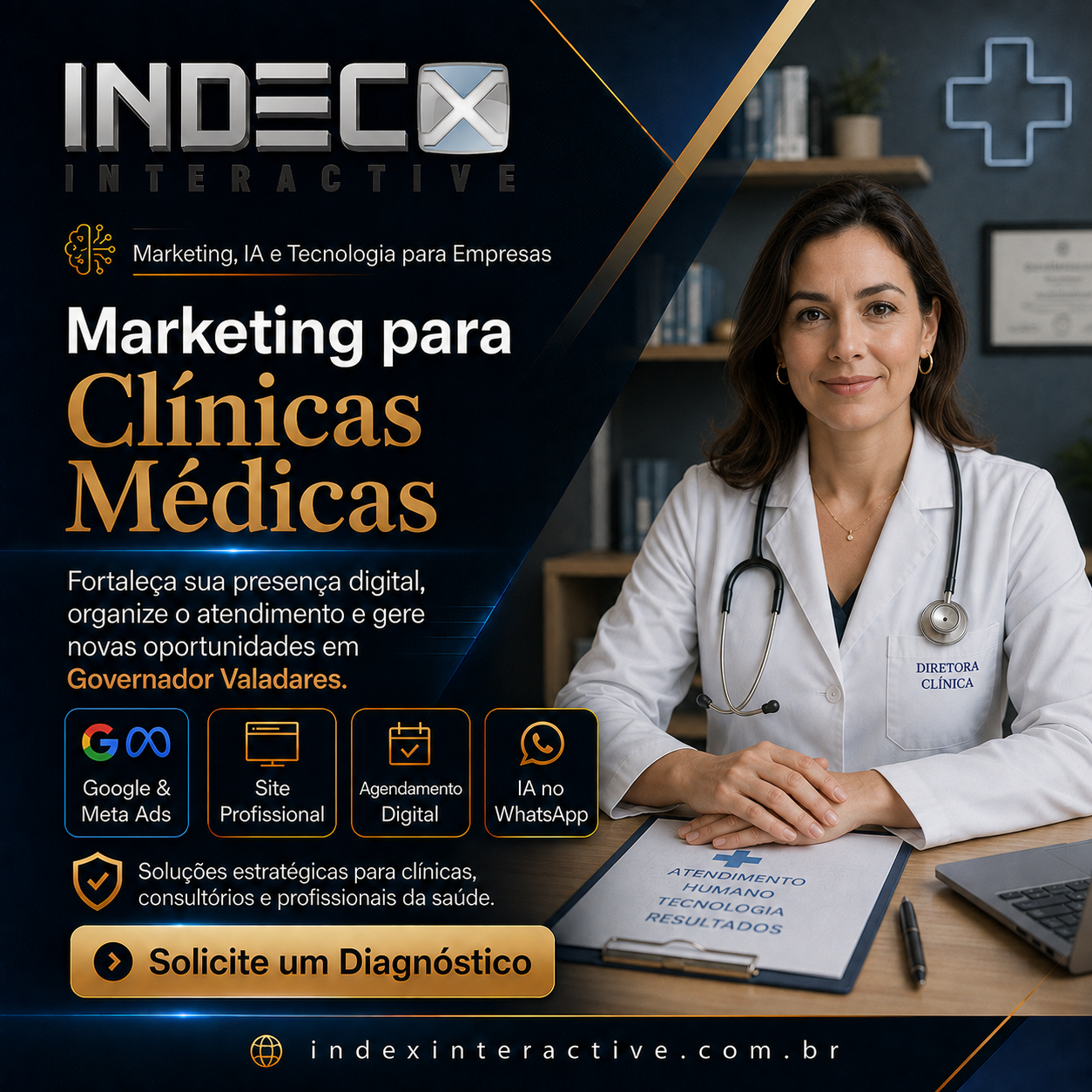 Index Interactive Facebook ad: Marketing de Resultado para Clínicas Médicas