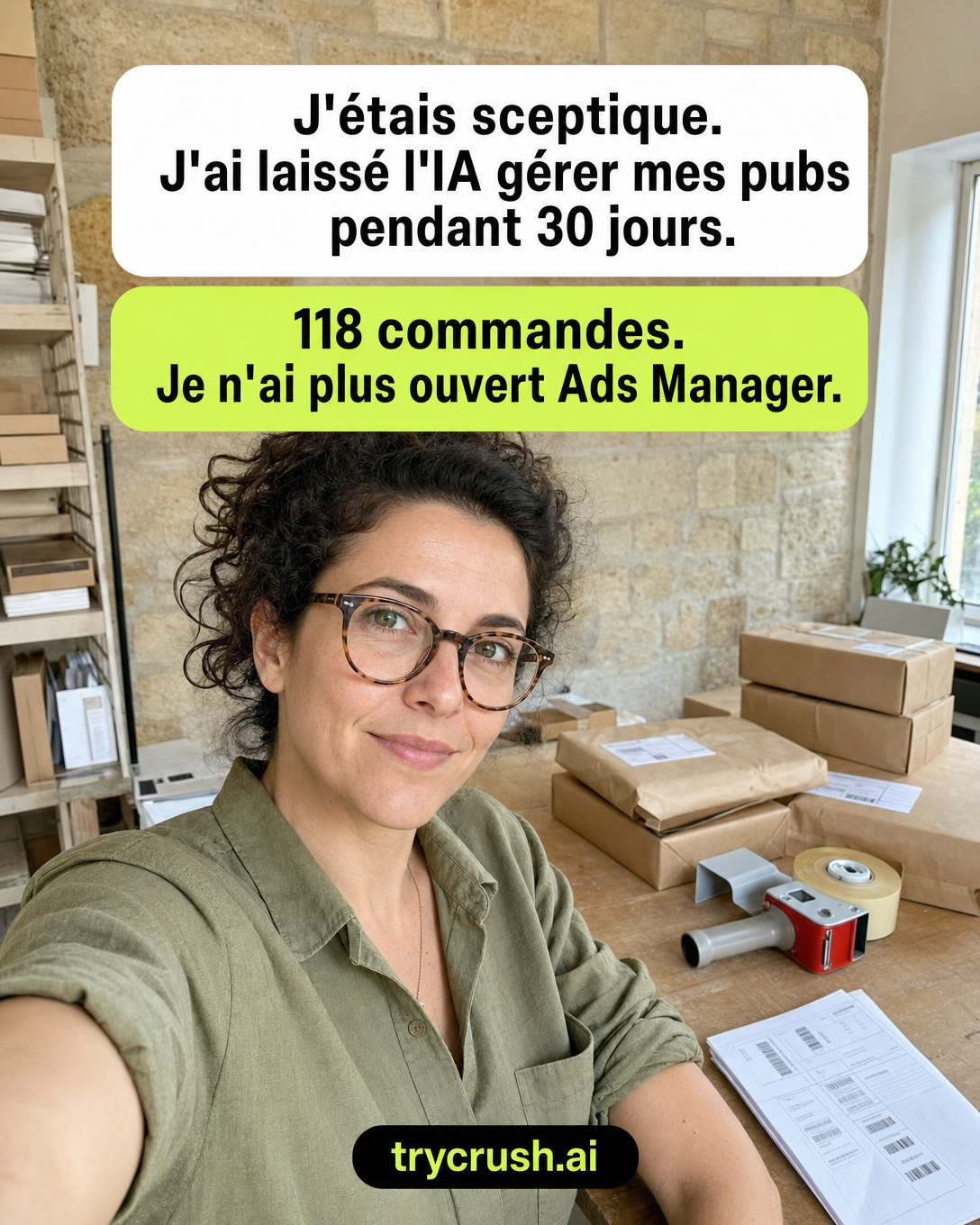 trycrush.ai Facebook ad: J'étais sceptique. Puis 118 commandes.