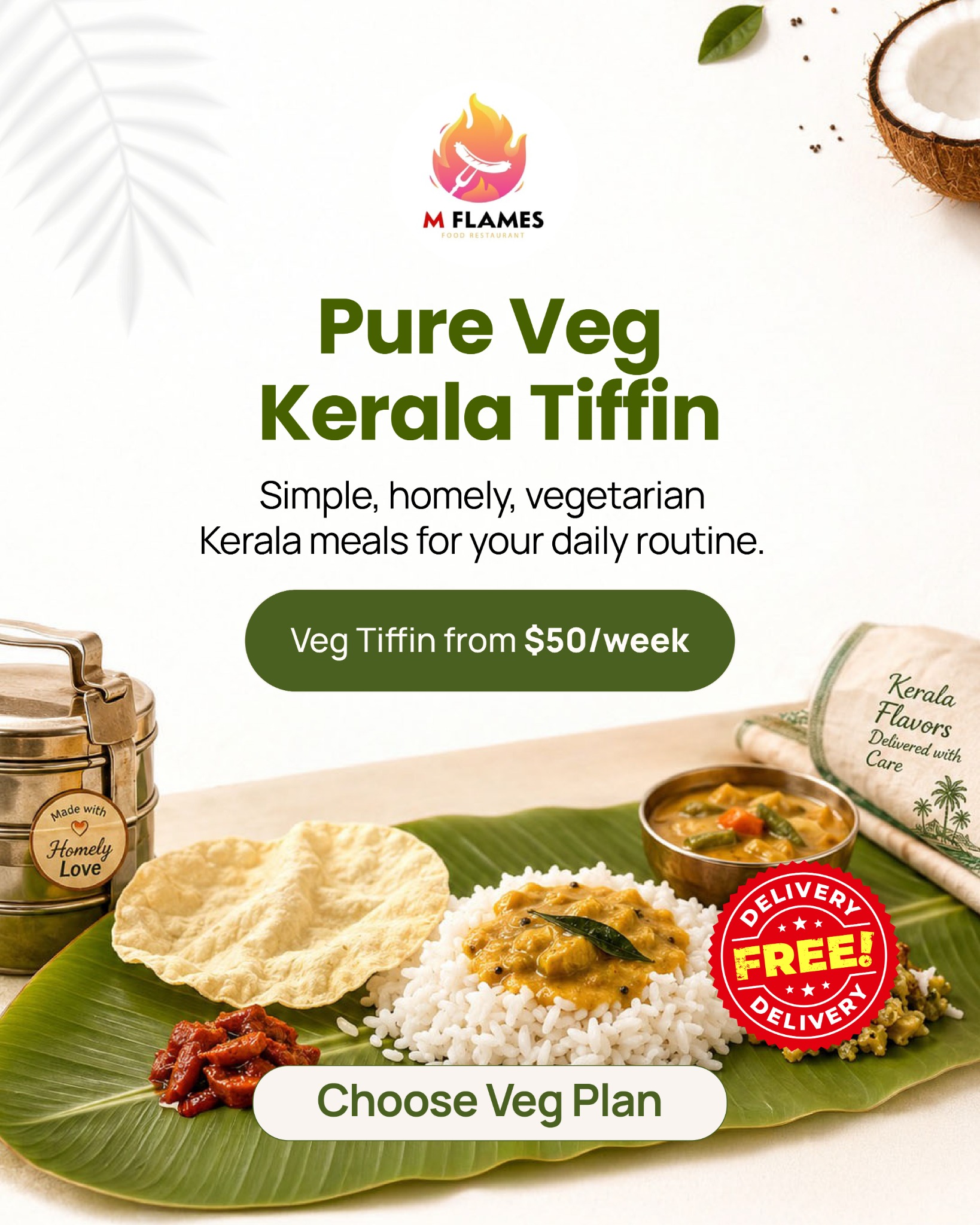 mflames healthy meal plan Facebook ad: Pure Veg Kerala Tiffin