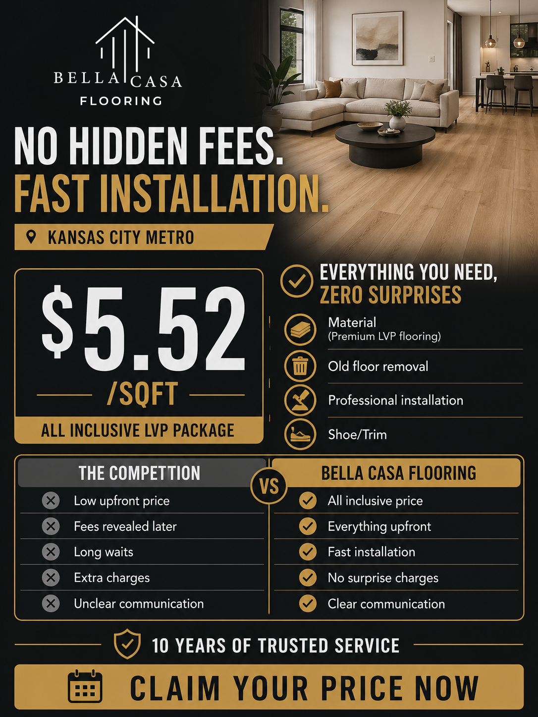 Bella Casa Flooring Facebook ad: Everything Included for $5.52/SQFT