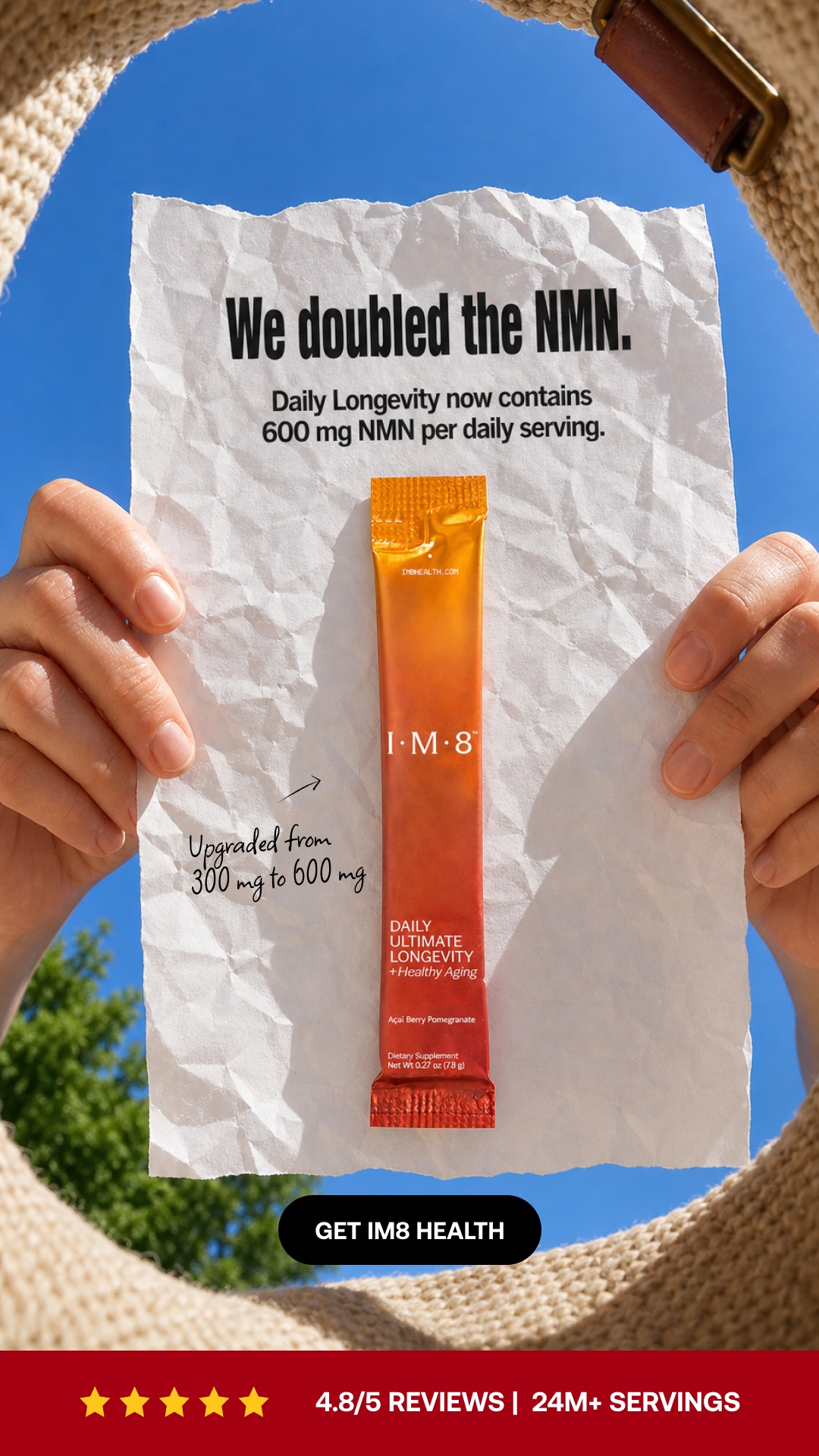 IM8 Health Facebook ad: Twice the NMN. Built for the Long Game.