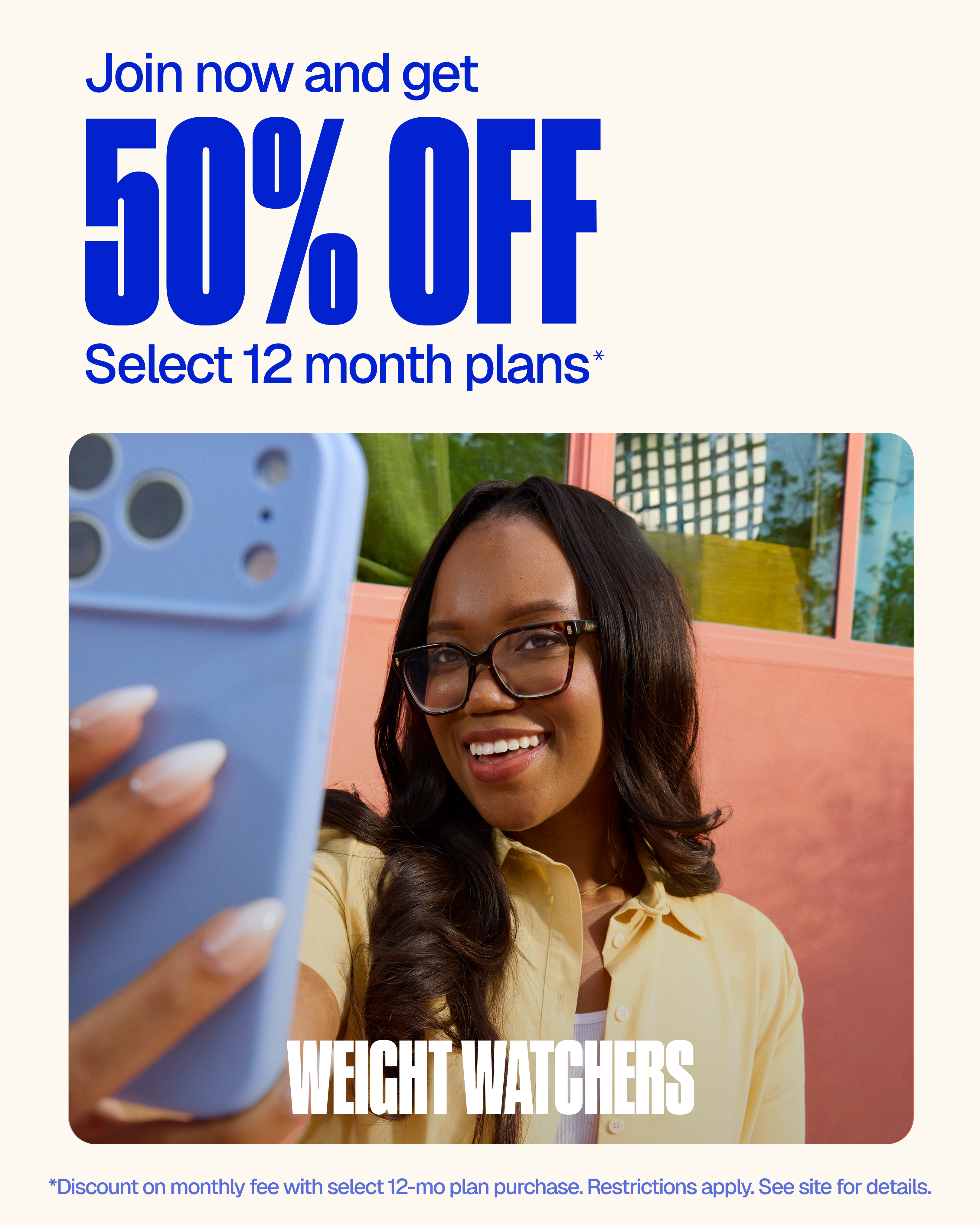 WeightWatchers Facebook ad: 50% OFF select 12 month plans*