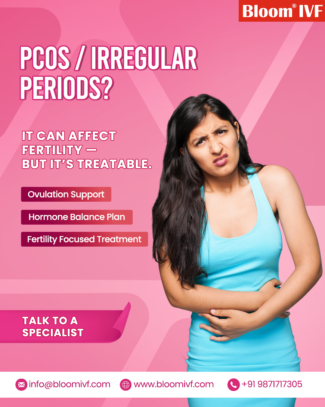 Bloom IVF Group Facebook ad: Irregular periods or PCOS while trying to conceive?