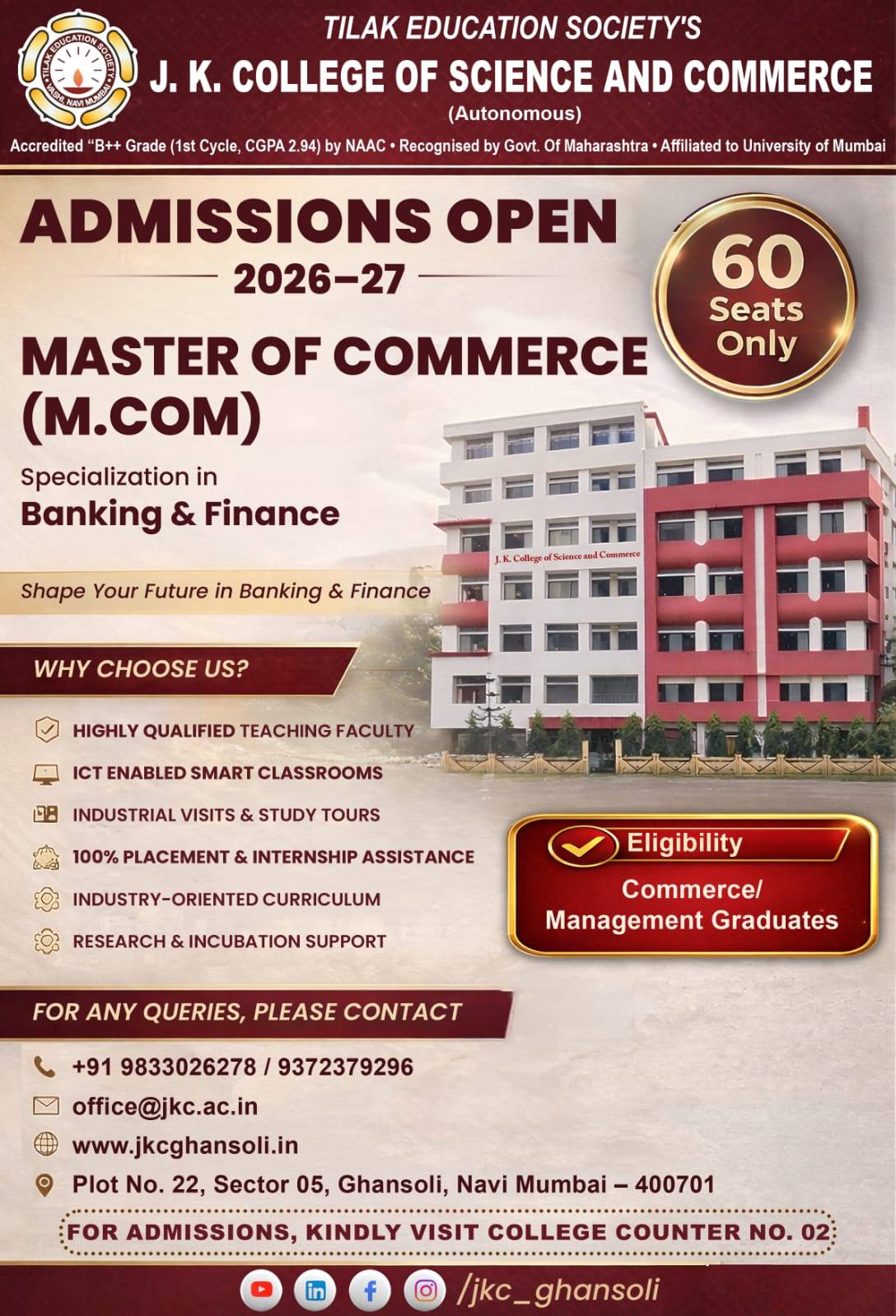 J. K. College of Science and Commerce Facebook ad: Admissions Open 2026-27 | J.K.