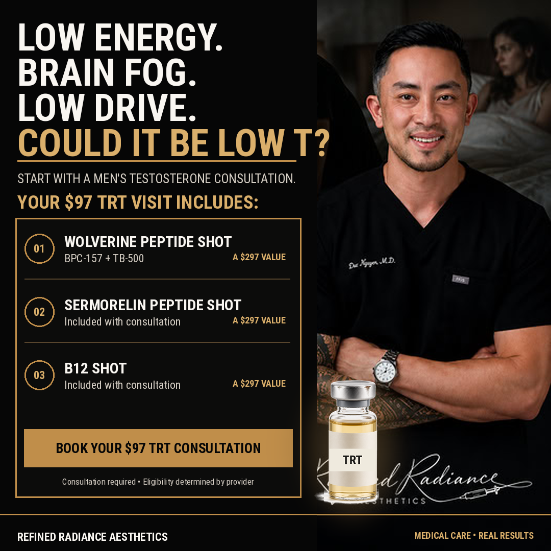 Refined Radiance Aesthetics Facebook ad: Men: Feeling Tired, Unmotivated, or Not Like Yourself?