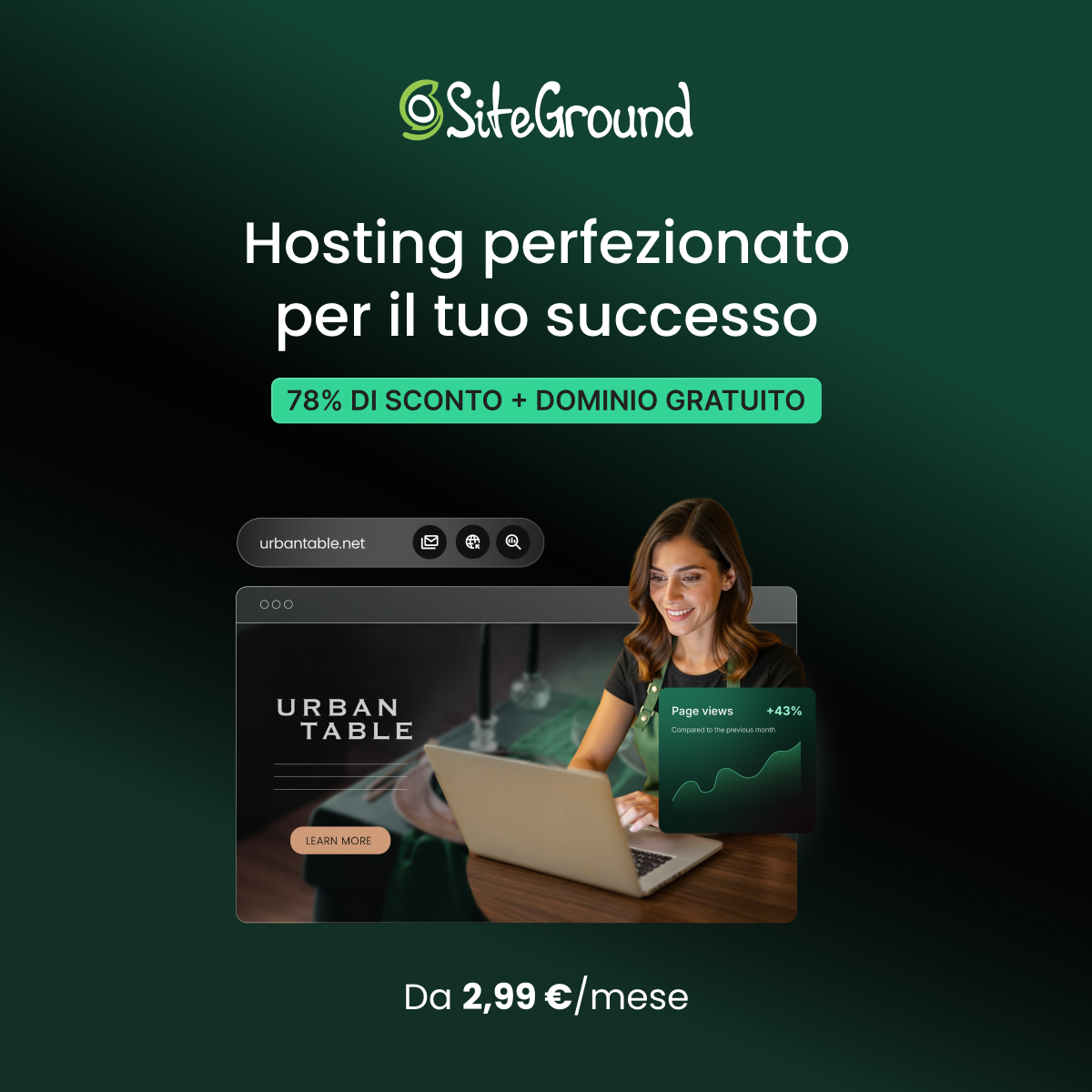 SiteGround Facebook ad: WEB HOSTING ULTRAVELOCE DA €2,99/MESE