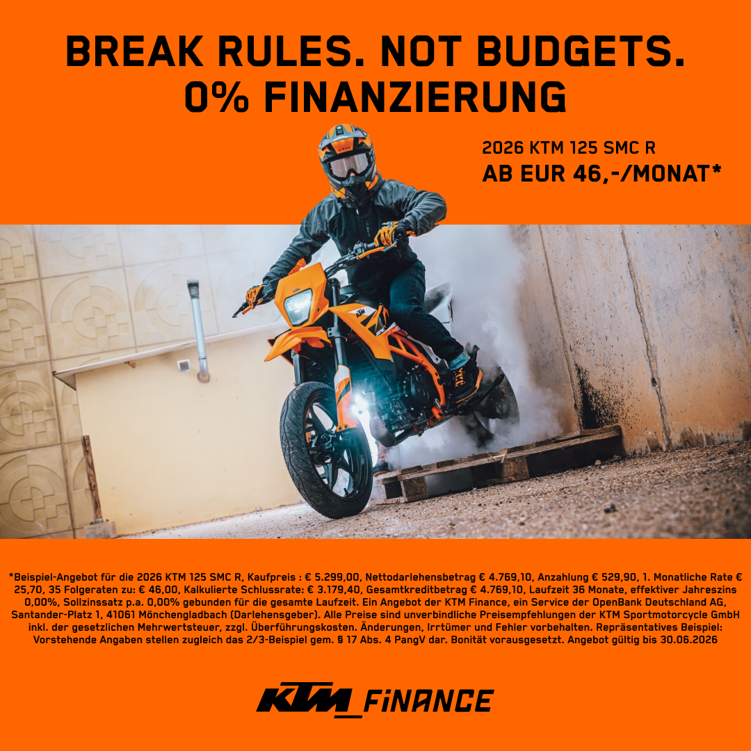 KTM Facebook ad: PURE PERFORMANCE BEGINNT BEI 0%* mit KTM Finance