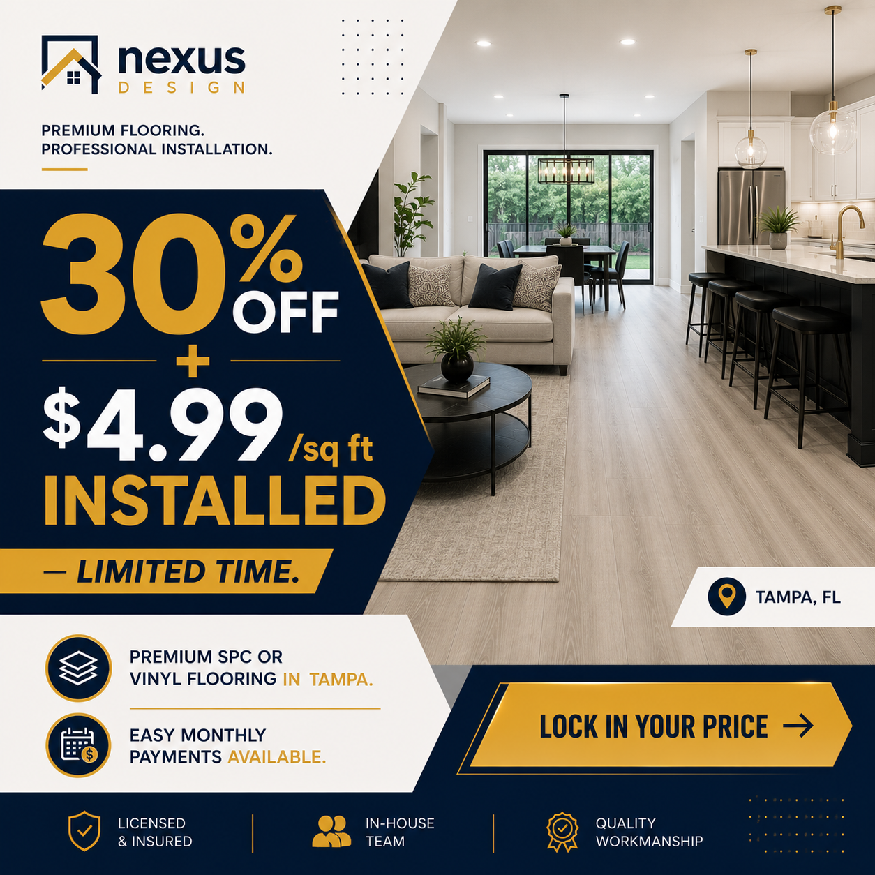 Nexus Design Tampa Facebook ad: 30% OFF Tile Installation, 1/64 Precision Tampa