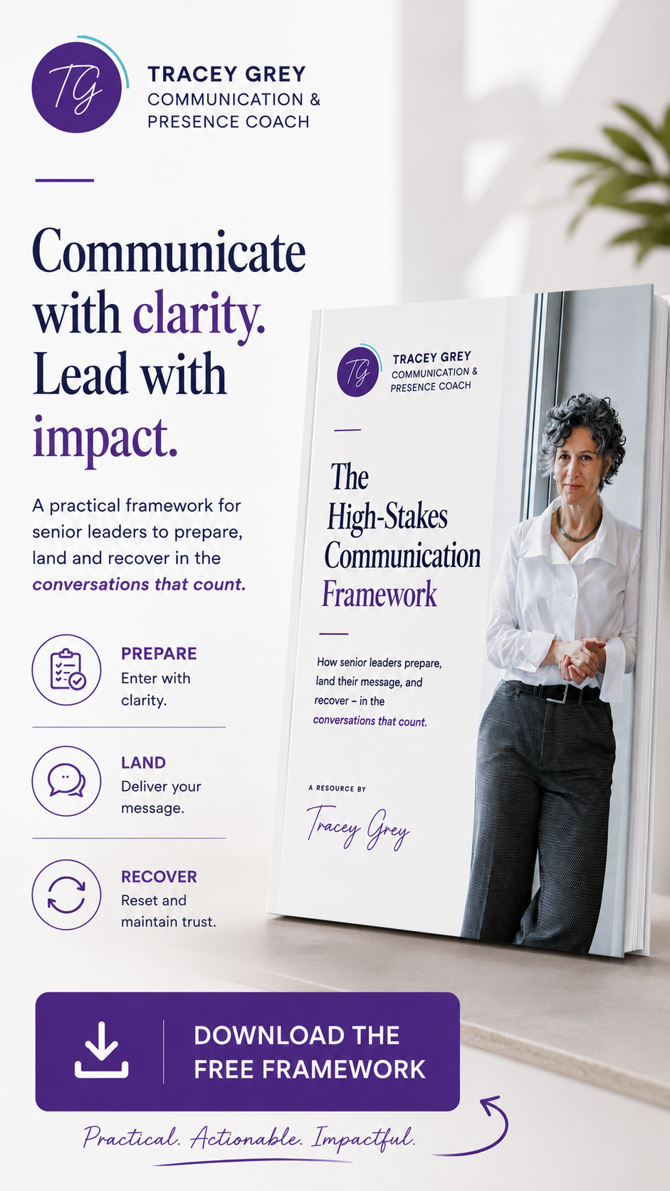 Tracey Grey I Executive Coaching Facebook ad from Aug 13, 2026