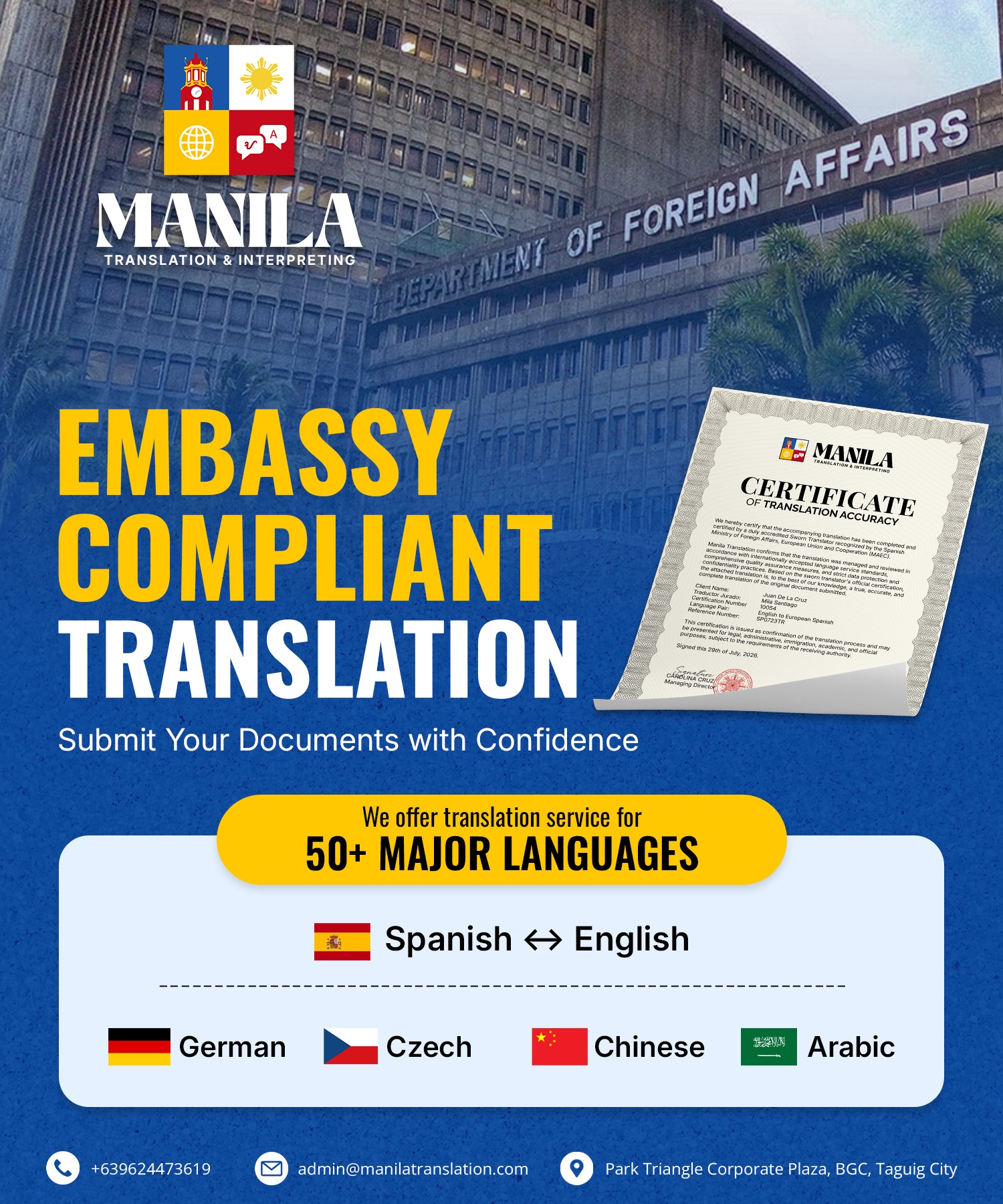 Manila Translations Facebook ad: Don't Let a Translation Delay Your Application.