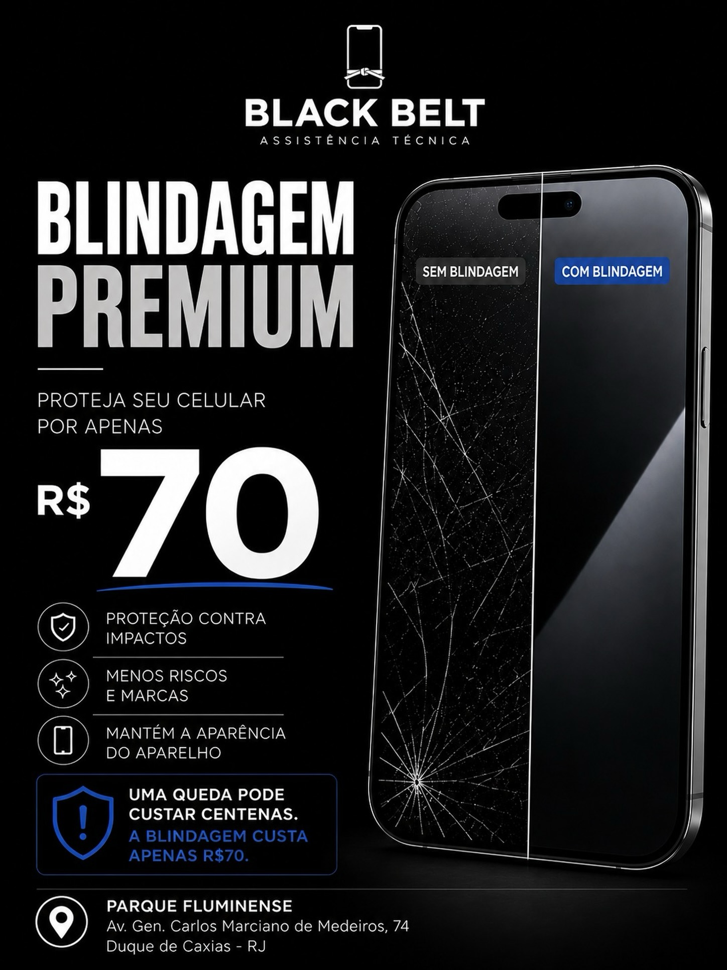Black Belt - Assistência Técnica Facebook ad: Já pensou seu celular protegido contra quedas?