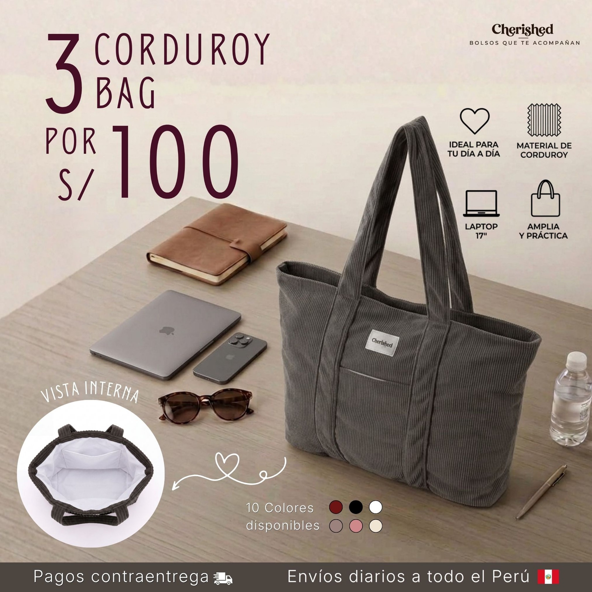 Cherished Perú Facebook ad: 3 bolsos Corduroy x S/100
