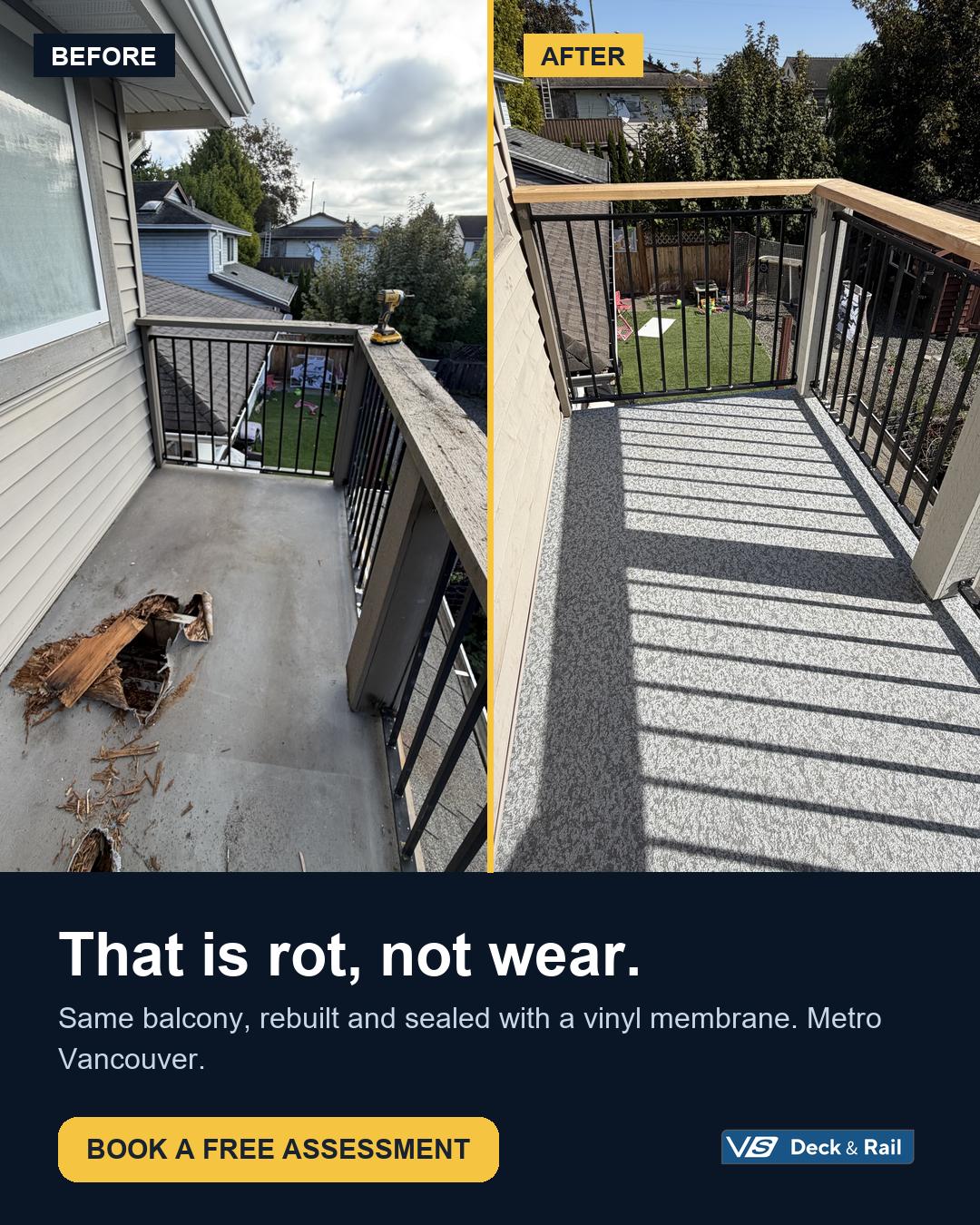 VS Deck & Rail Facebook ad: Balcony leaking? Get a free quote