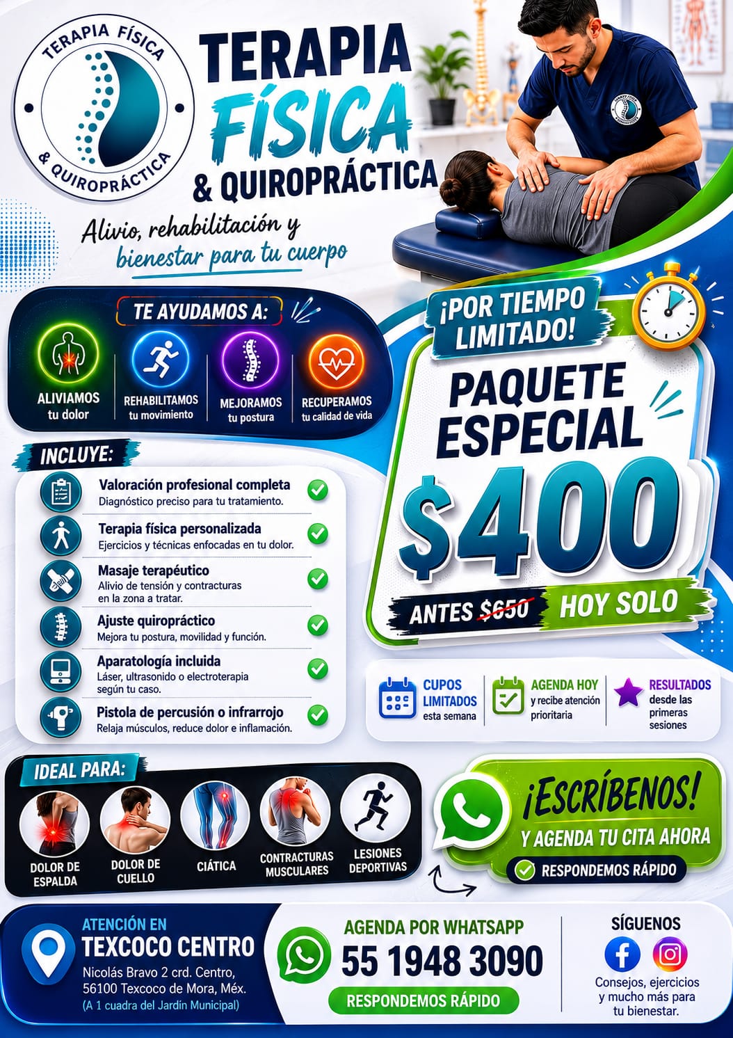 terapia física & quiropráctica Facebook ad: ¿Dolor de espalda, cuello o ciática?