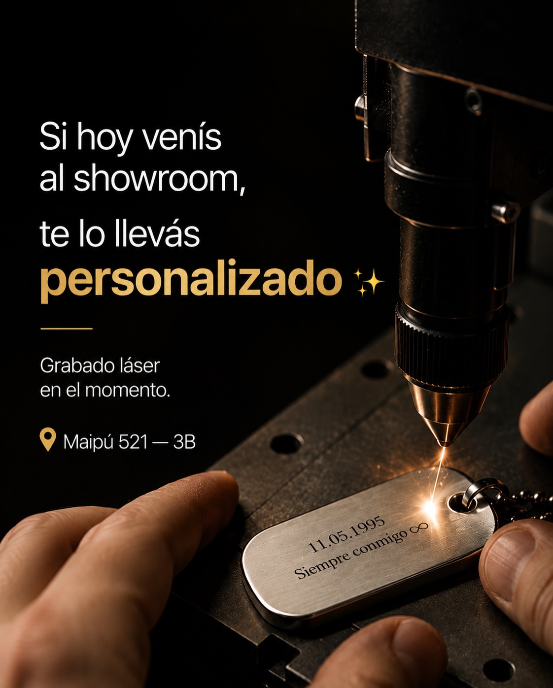Gogo Accesorios Facebook ad: Grabado láser en el momento.