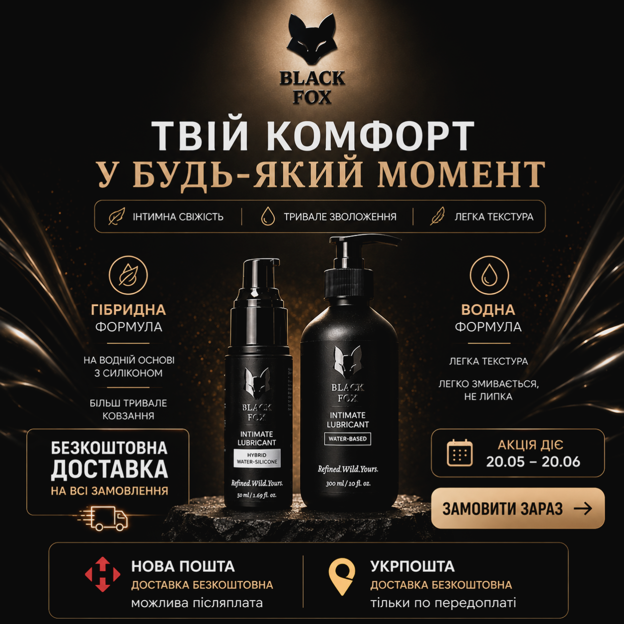 BLACK FOX Facebook ad: BLACK FOX Intimate, преміальні лубриканти для комфорту…