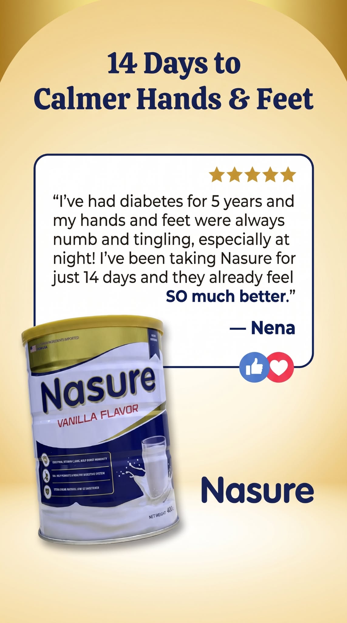 Nasure - Colostrum Milk Facebook ad: Calmer Hands & Feet in 14 Days