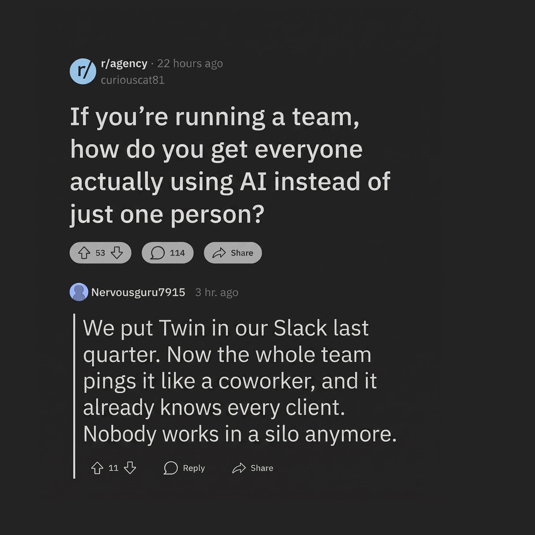 Twin Agents Facebook ad: One AI brain your whole team shares