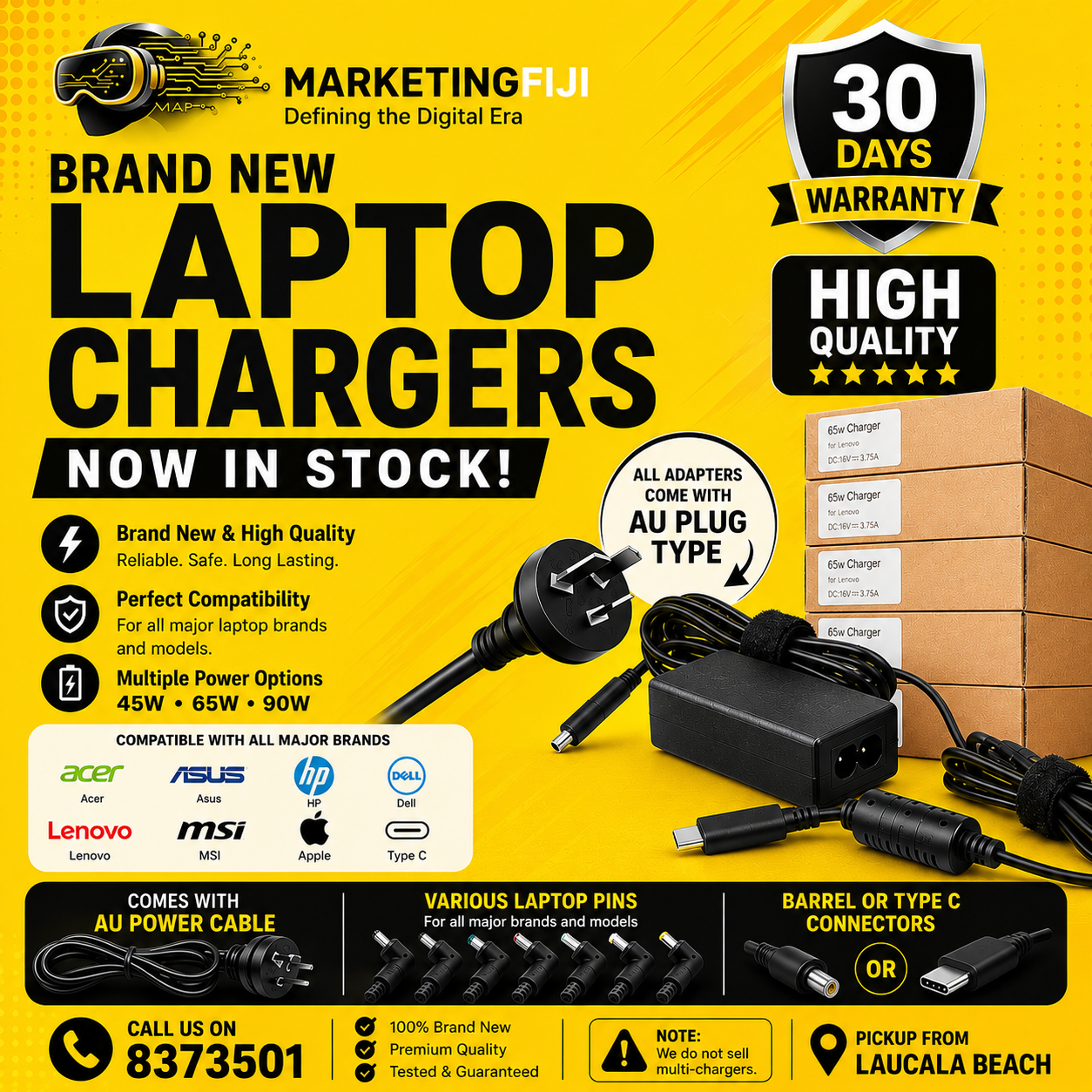 Marketing Fiji PTE LTD Facebook ad: Chargers For Almost Every Laptop Brand!