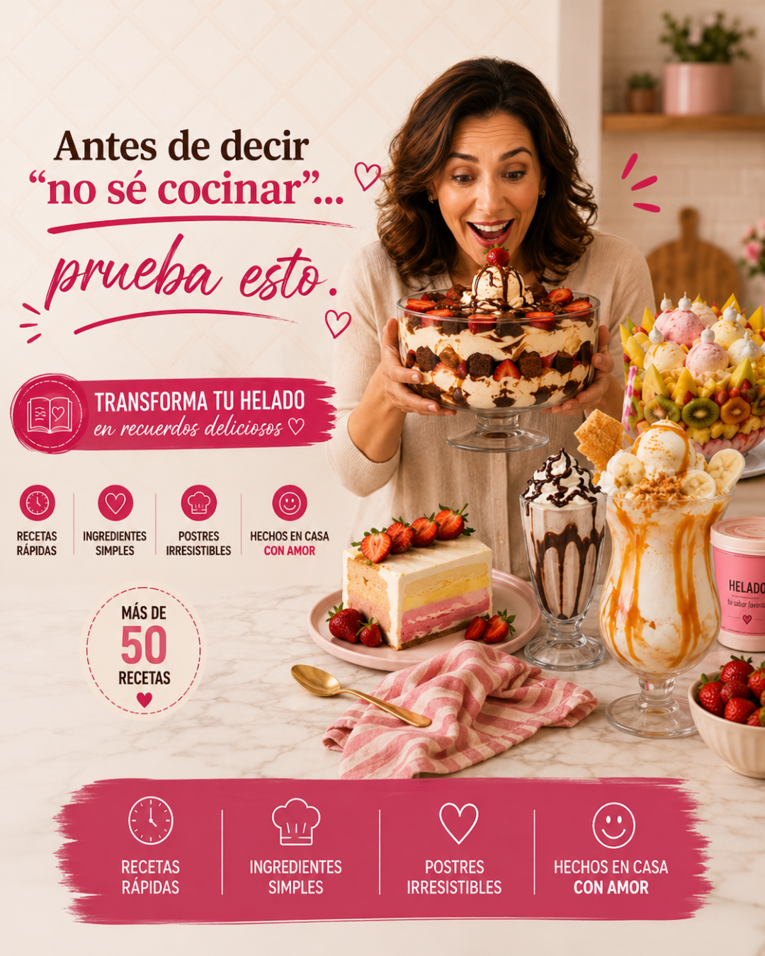 Carla Mendoza Facebook ad: Transforma tu Helado, Postres | Libro digital de recetas