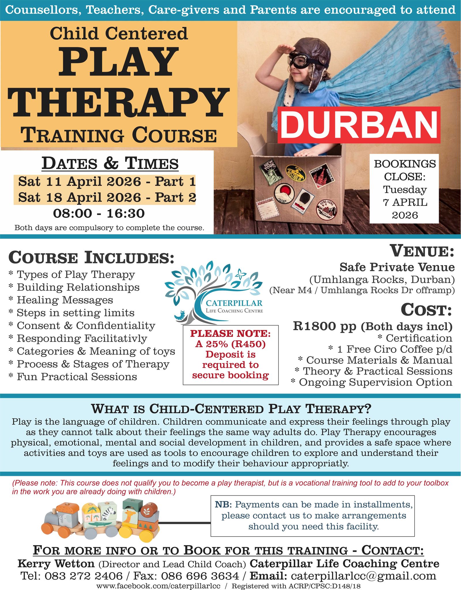 Caterpillar Life Coaching Centre Facebook ad: CHILD CENTERED PLAY THERAPY TRAINING COURSE (DURBAN)