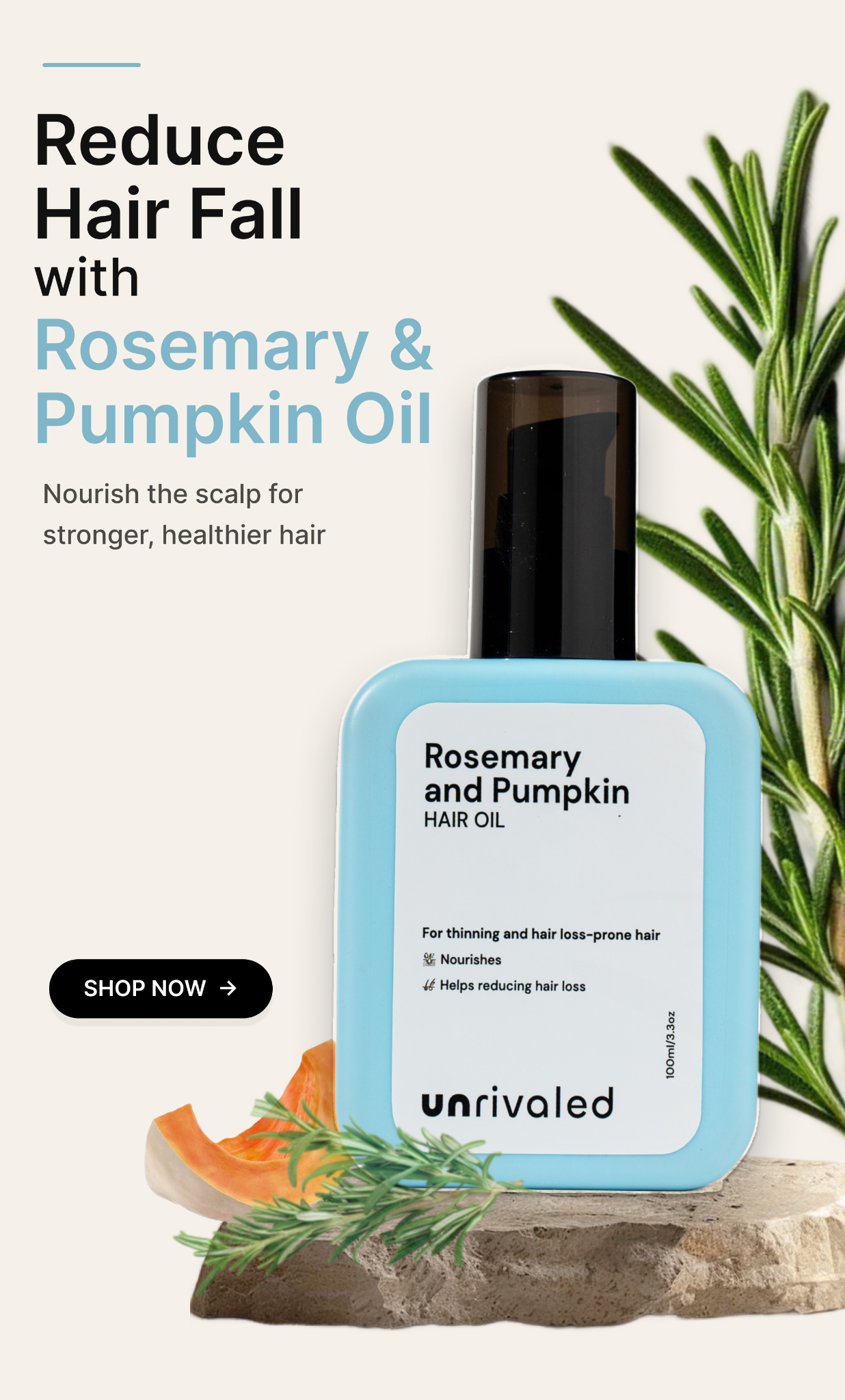 Unrivaled Haircare Facebook ad: Stronger roots. Less hair fall.