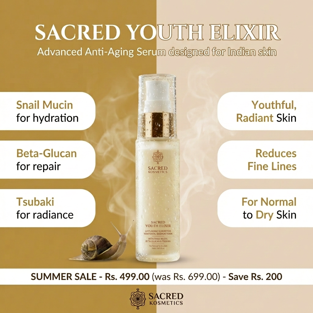 Sacred Kosmetics Facebook ad: Advanced Anti Aging, Designed for Indian Skin