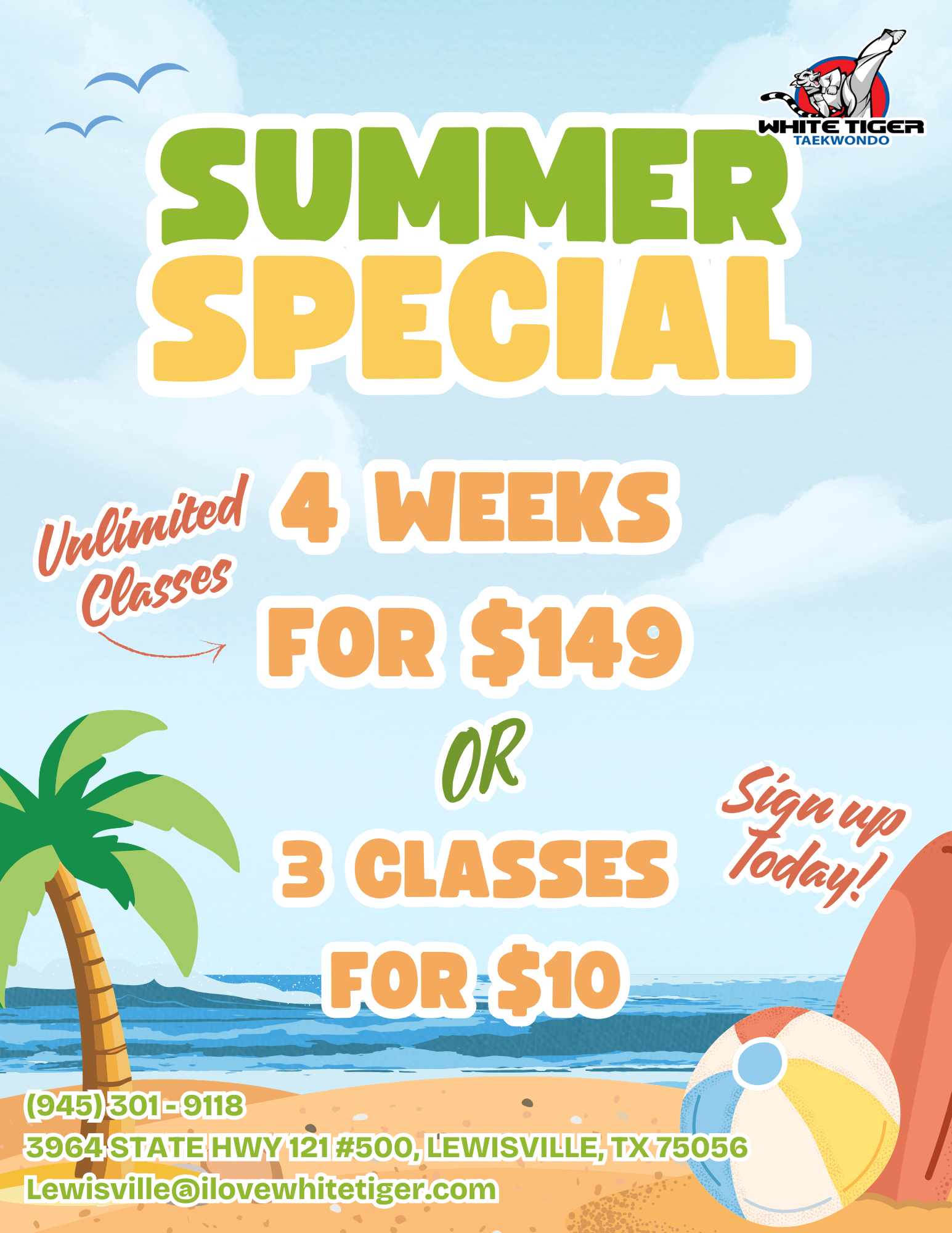White Tiger Taekwondo Lewisville Facebook ad: 4 Weeks for $149 or 3 Classes for $10