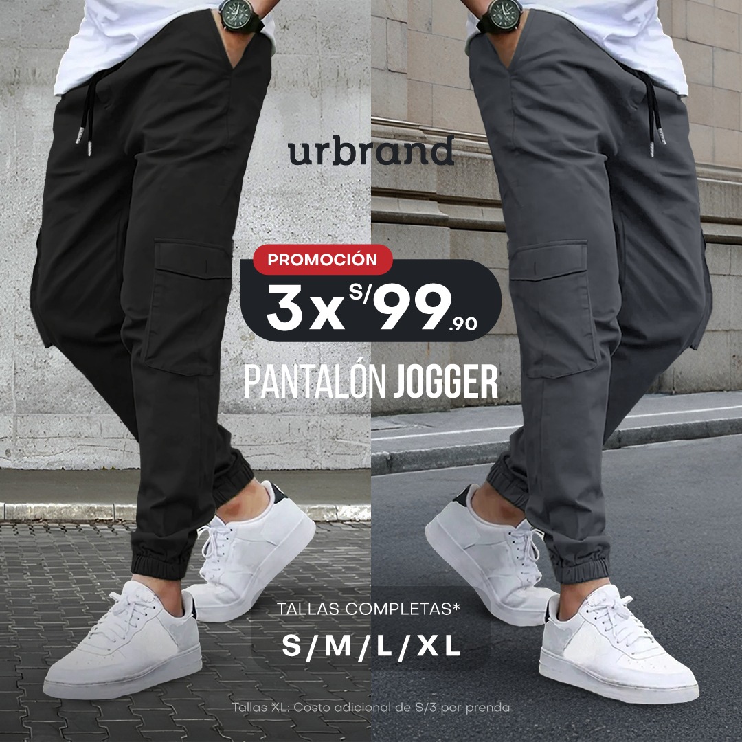 Urbrand Facebook ad: 3 pantalones jogger x S/ 99.90