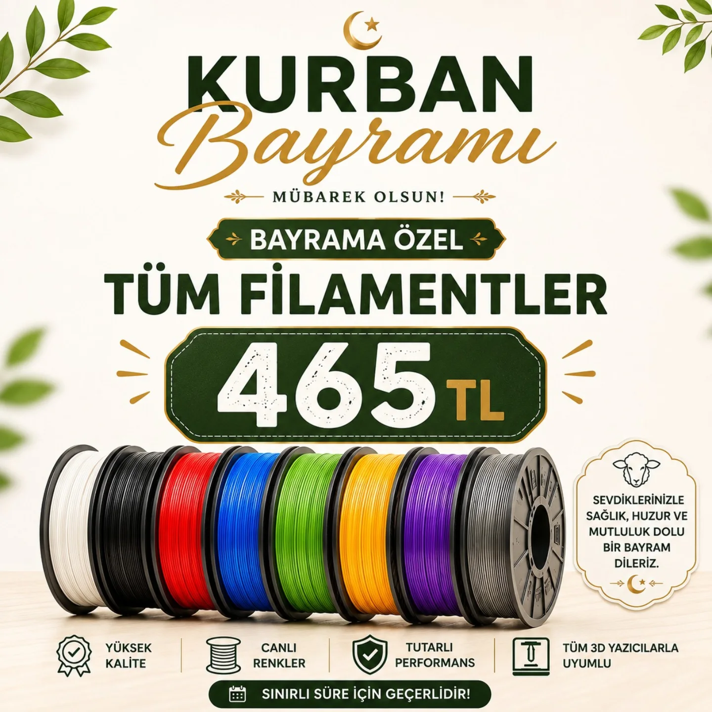 Optipoly Filament Facebook ad: Kurban Bayramına özel tüm filamentler 465 tl.