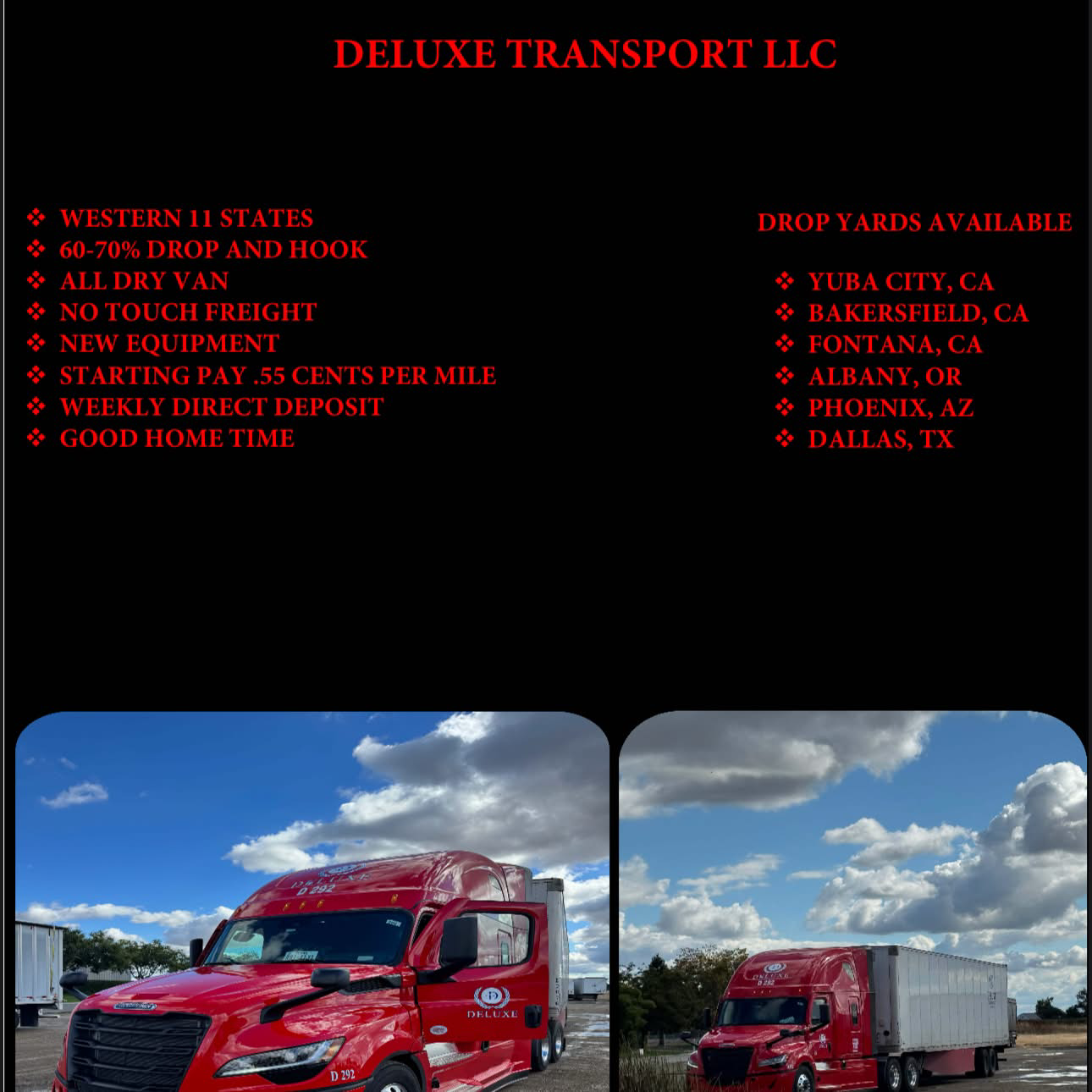 Deluxe Transport LLC Facebook ad: NOW HIRING DRIVERS!