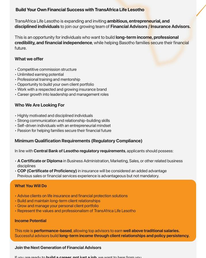 TransAfrica Life Lesotho Facebook ad: WHY HAVE A JOB, WHILE YOU CAN BUILD…