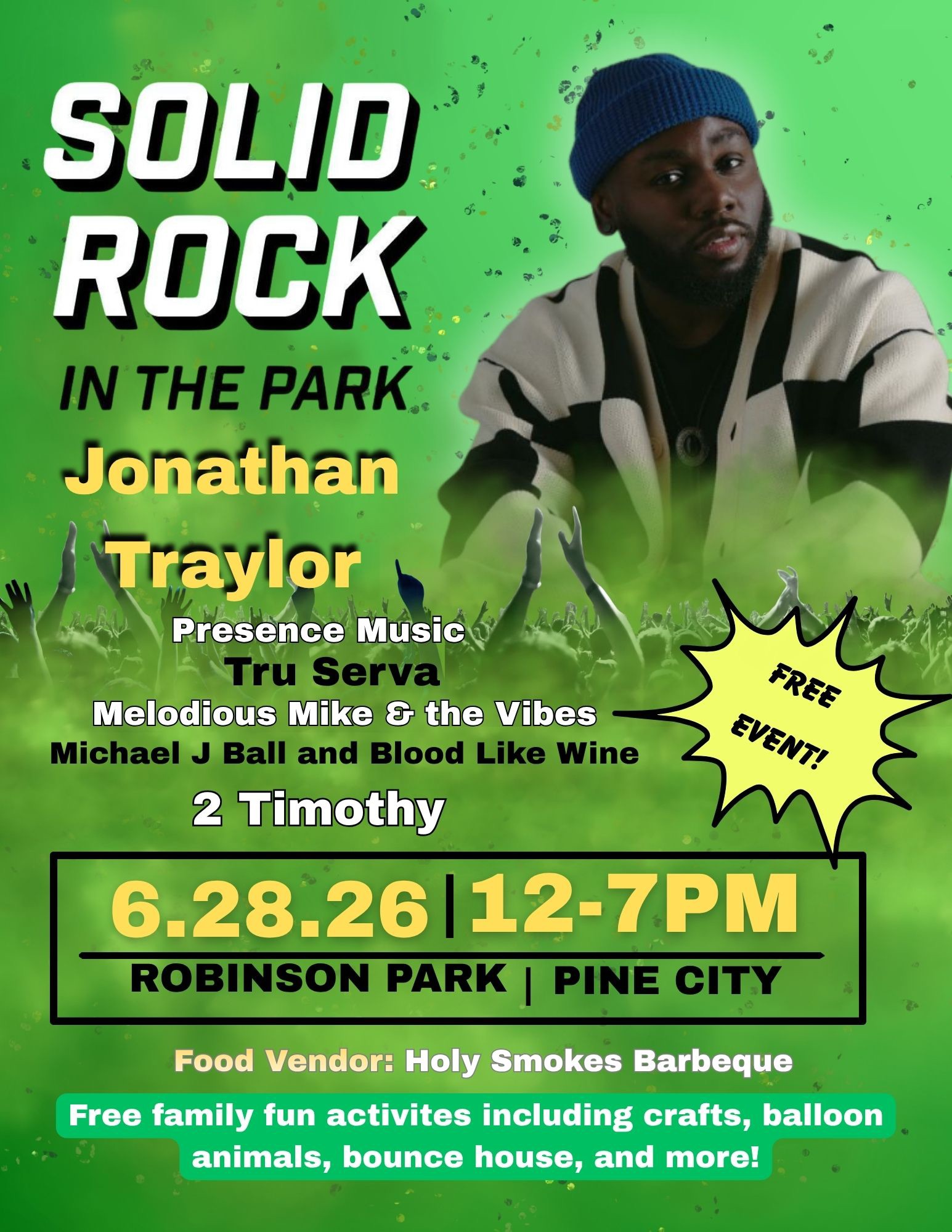Solid Rock in the Park Facebook ad: PINE CITY, THIS ONE’S BIG.