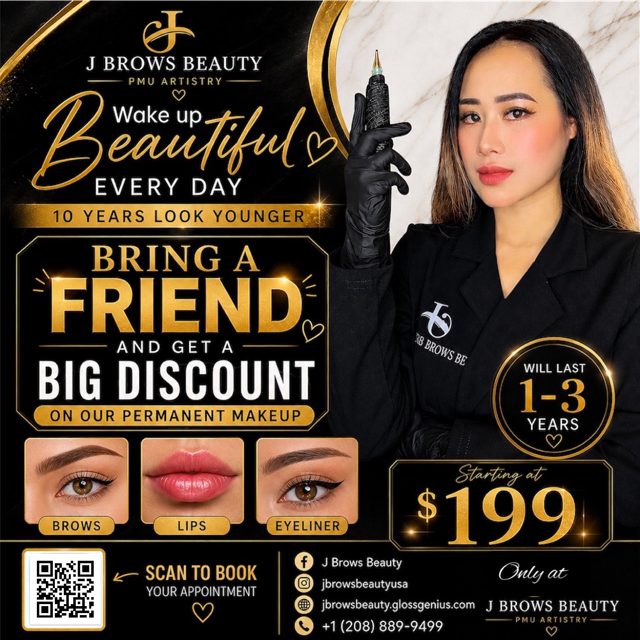 J Brows Beauty Facebook ad: BRING A FRIEND & SAVE BIG