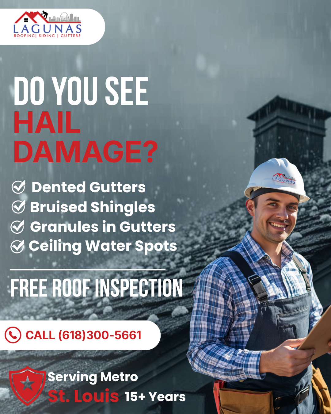 Lagunas Roofing Facebook ad: Don’t Let Hail Storms Harm Your Home, Get a Free Roof Check!