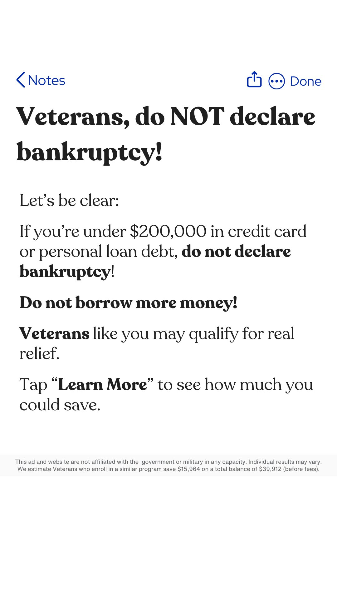 Veteran Debt Assistance Facebook ad