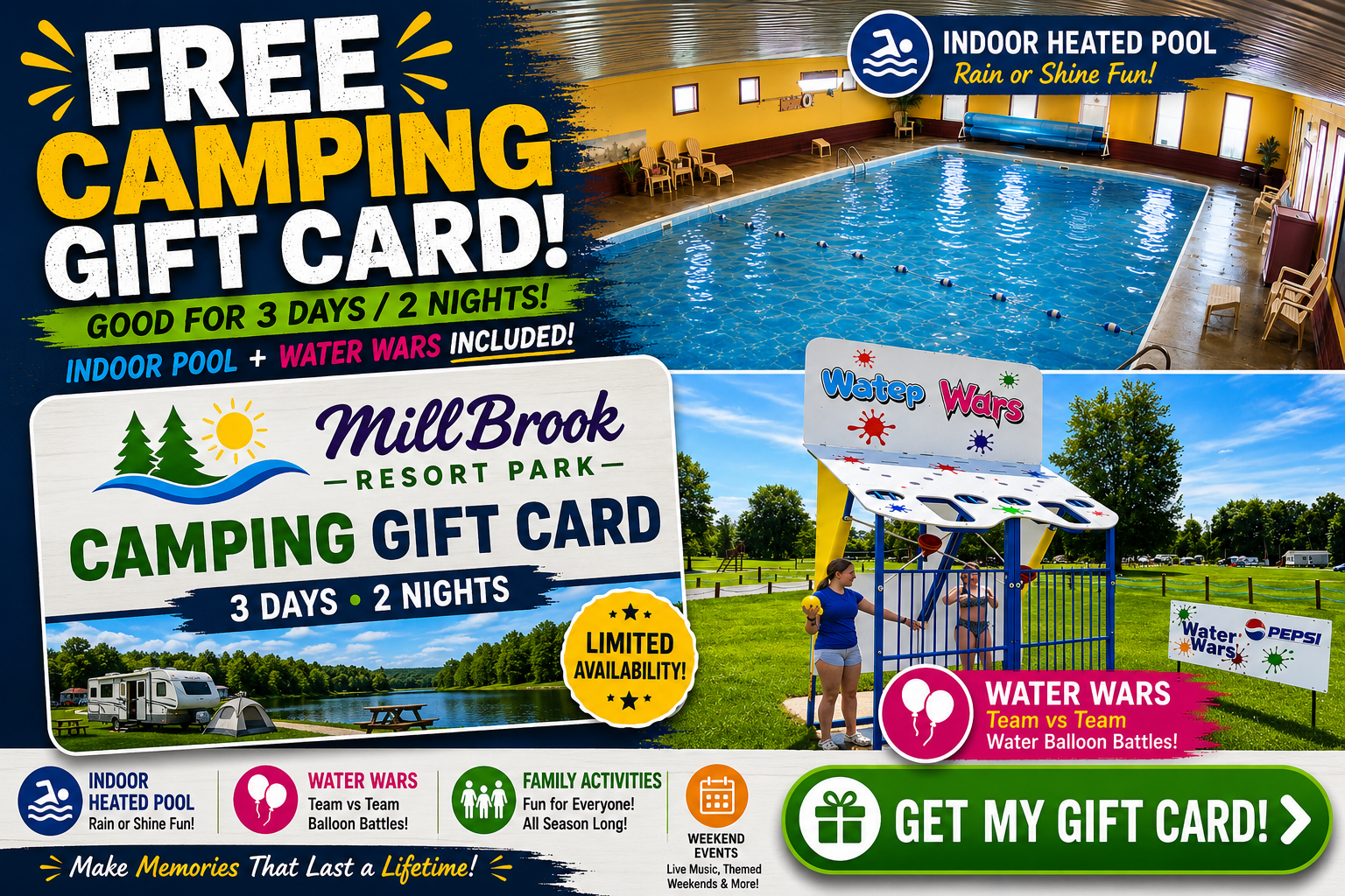 Millbrook Outdoor Resort Facebook ad: FREE 3 DAY / 2 NIGHT CAMPING GIFT CARD