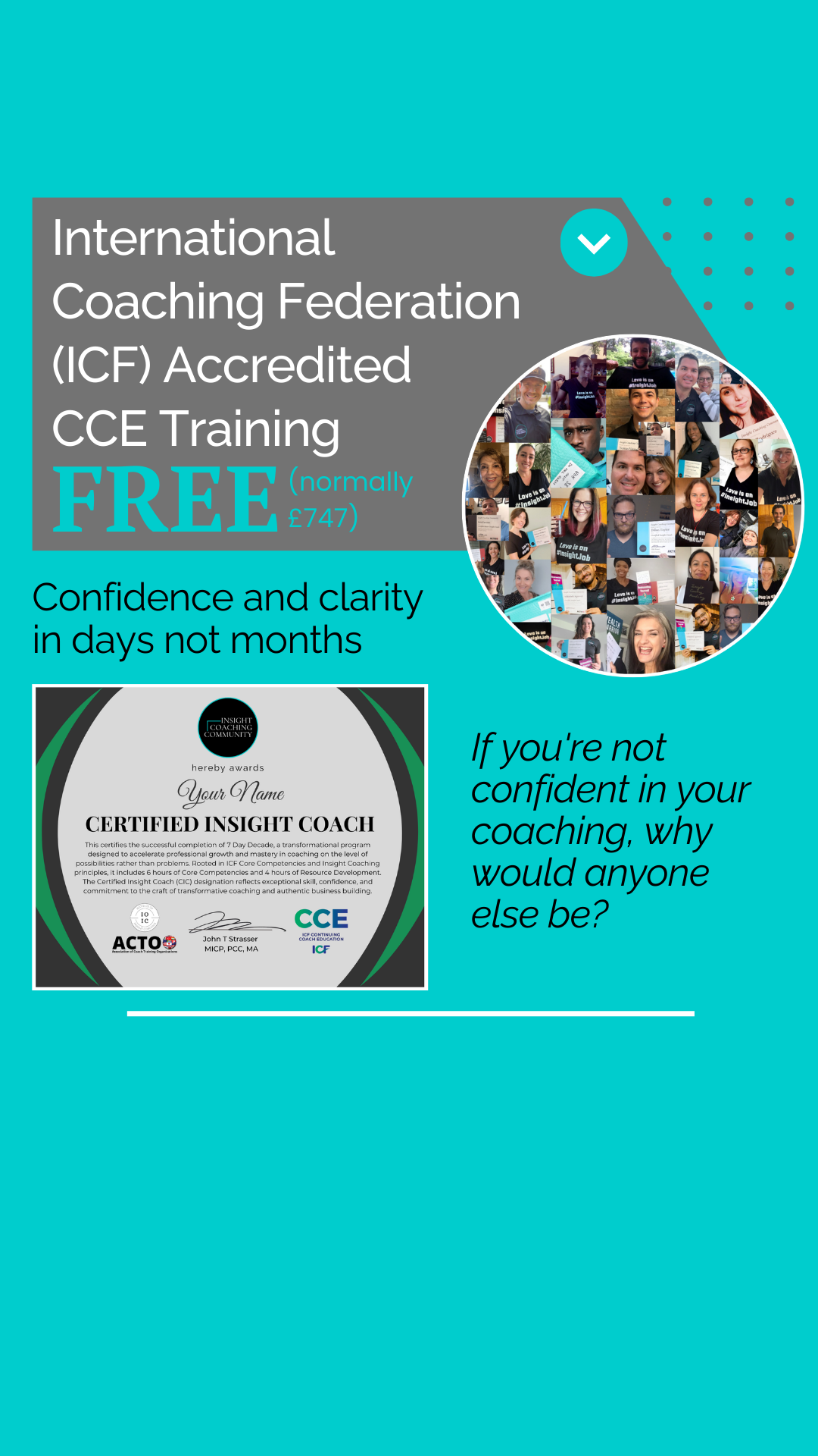Insight Coaching Community Facebook ad: FREE ICF Accredited CCE Life Coach Training (normally £747)