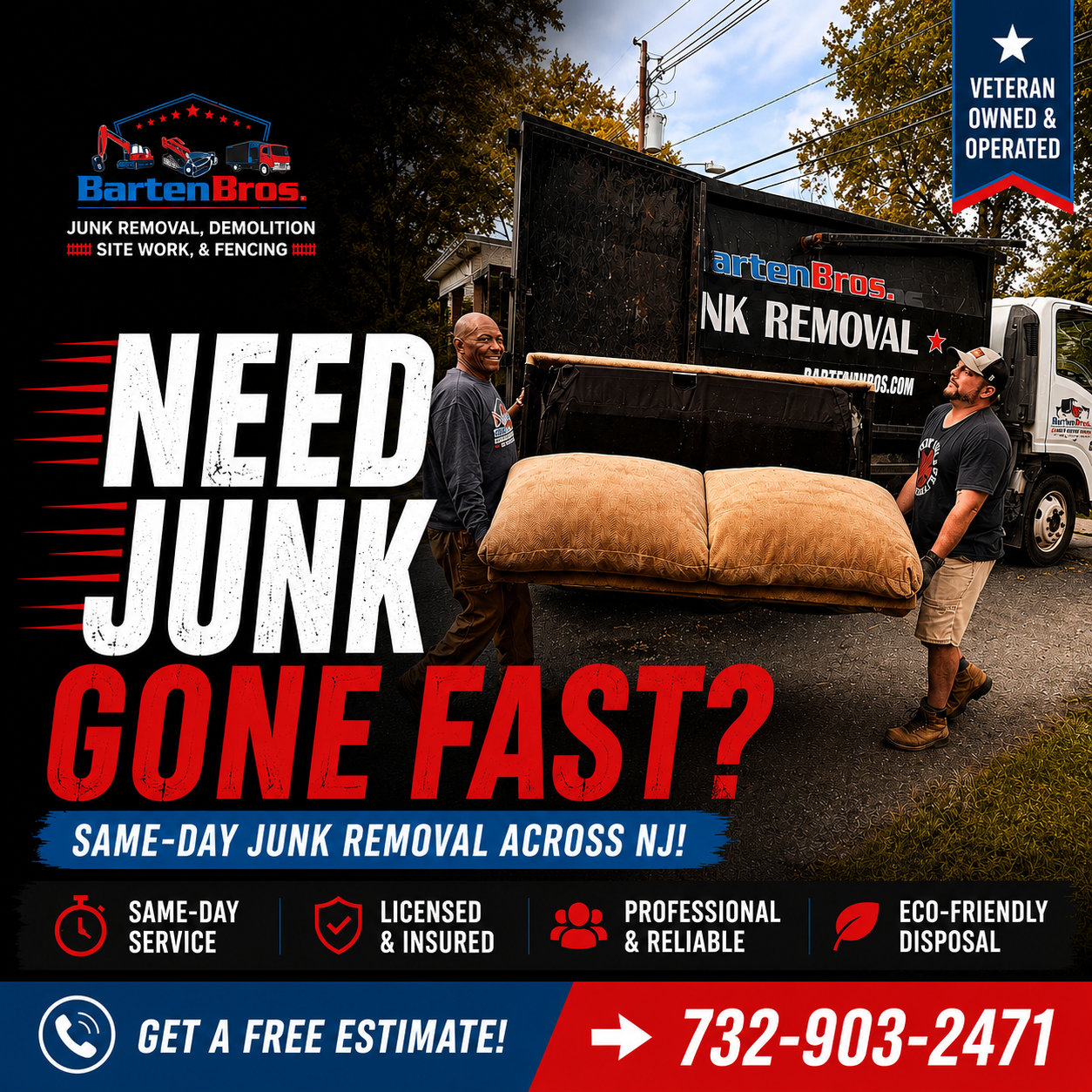 Barten Bros Junk Removal, Demolition, Site Work, & Fencing Facebook ad: Same-Day Junk Removal Across NJ.