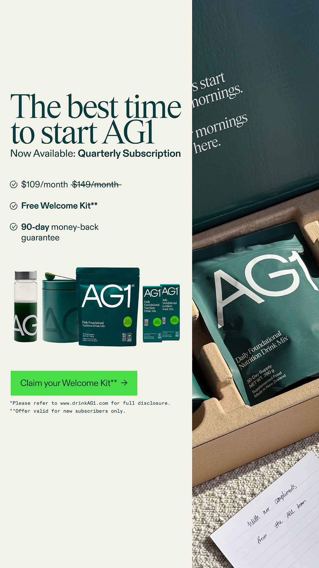 AG1 by Athletic Greens Facebook ad: Free Welcome Kit Worth 76 USD**