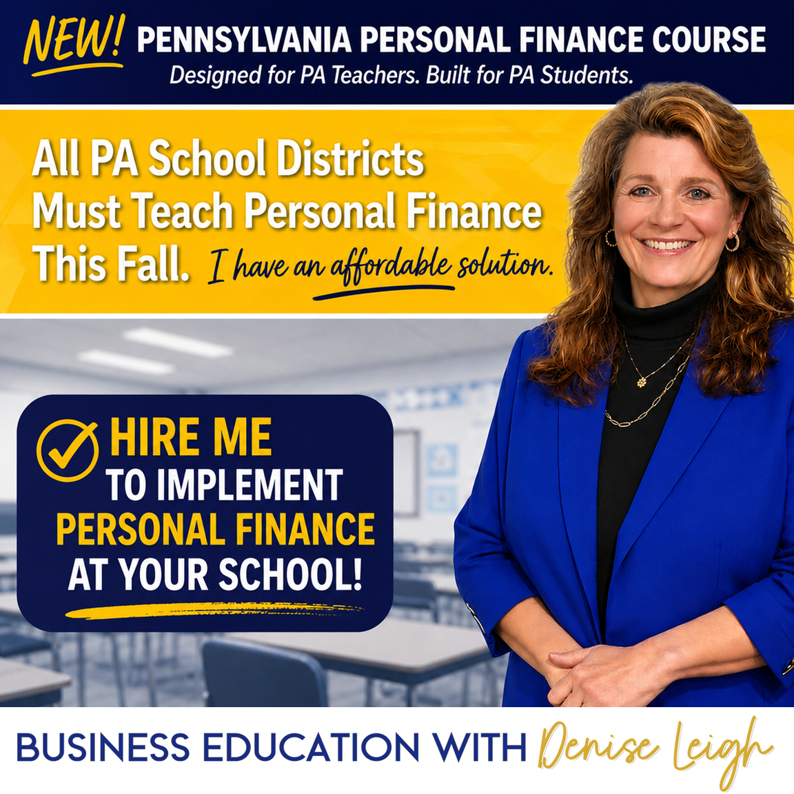 Business Education with Denise Leigh Facebook ad: Hire me to implement Personal Finance at your…