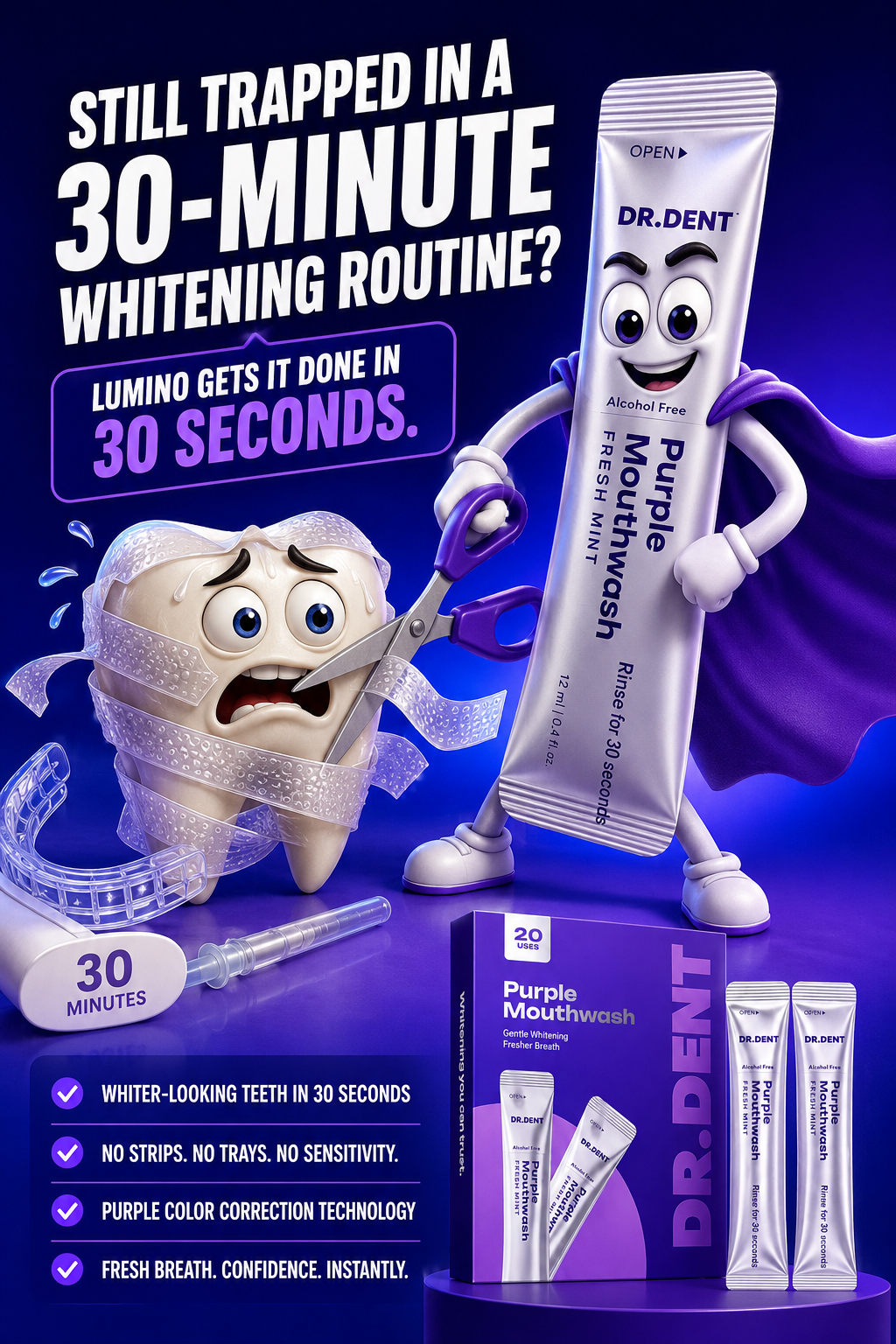 LuminoHealth Facebook ad: Whiter Smile In 30 Seconds Or It's Free
