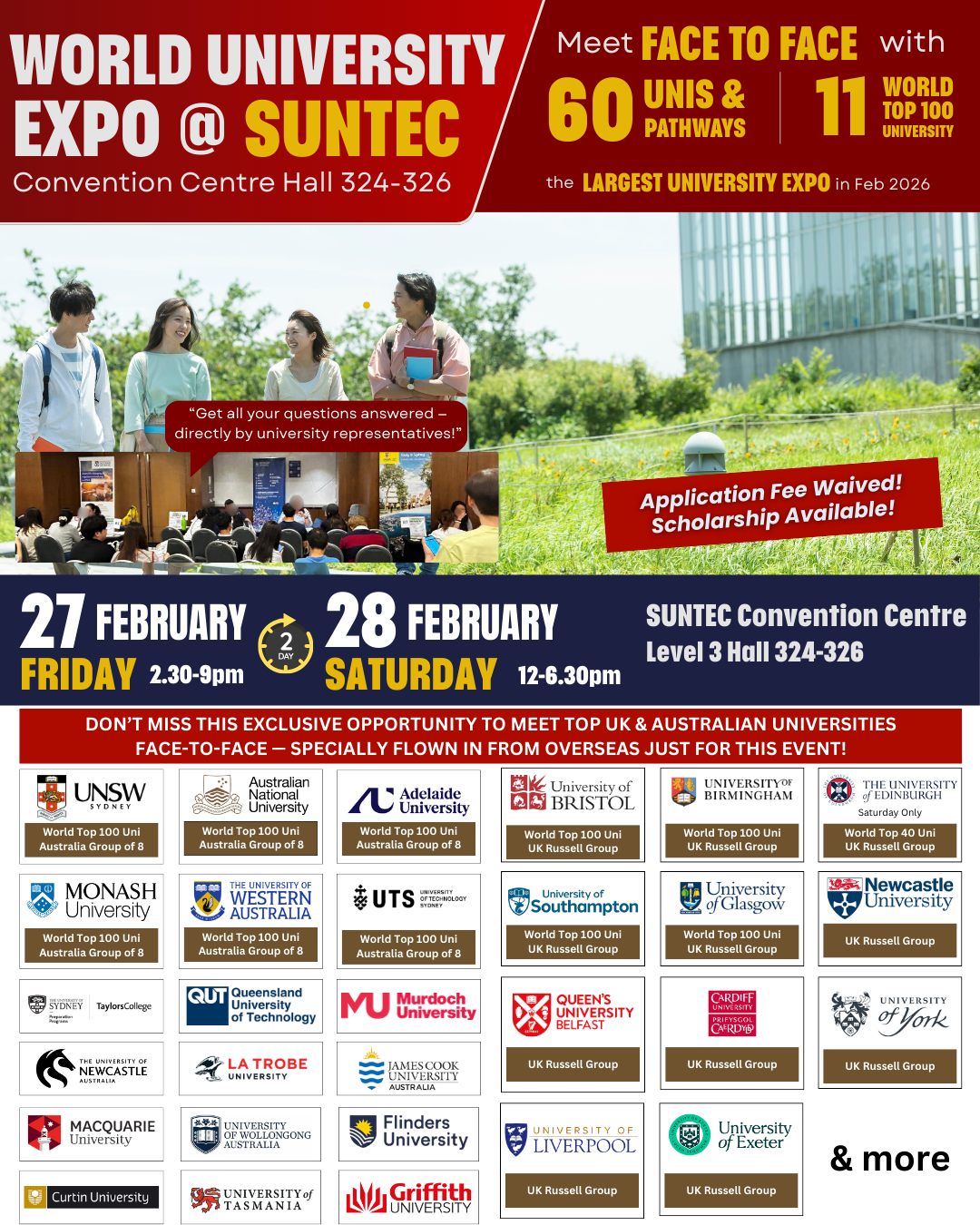 OverseasEducation.sg Facebook ad: World Uni Expo@Suntec 27-28 Feb 2026 Fri-Sat