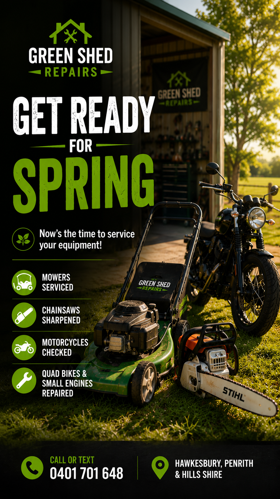 Green Shed Repairs Facebook ad: Service Your Equipment Before Spring