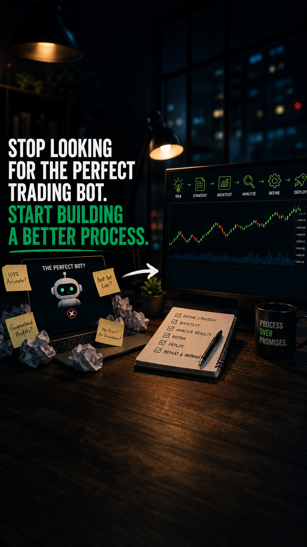 Push Button Trading Facebook ad: Stop Chasing Bots. Learn the Process.