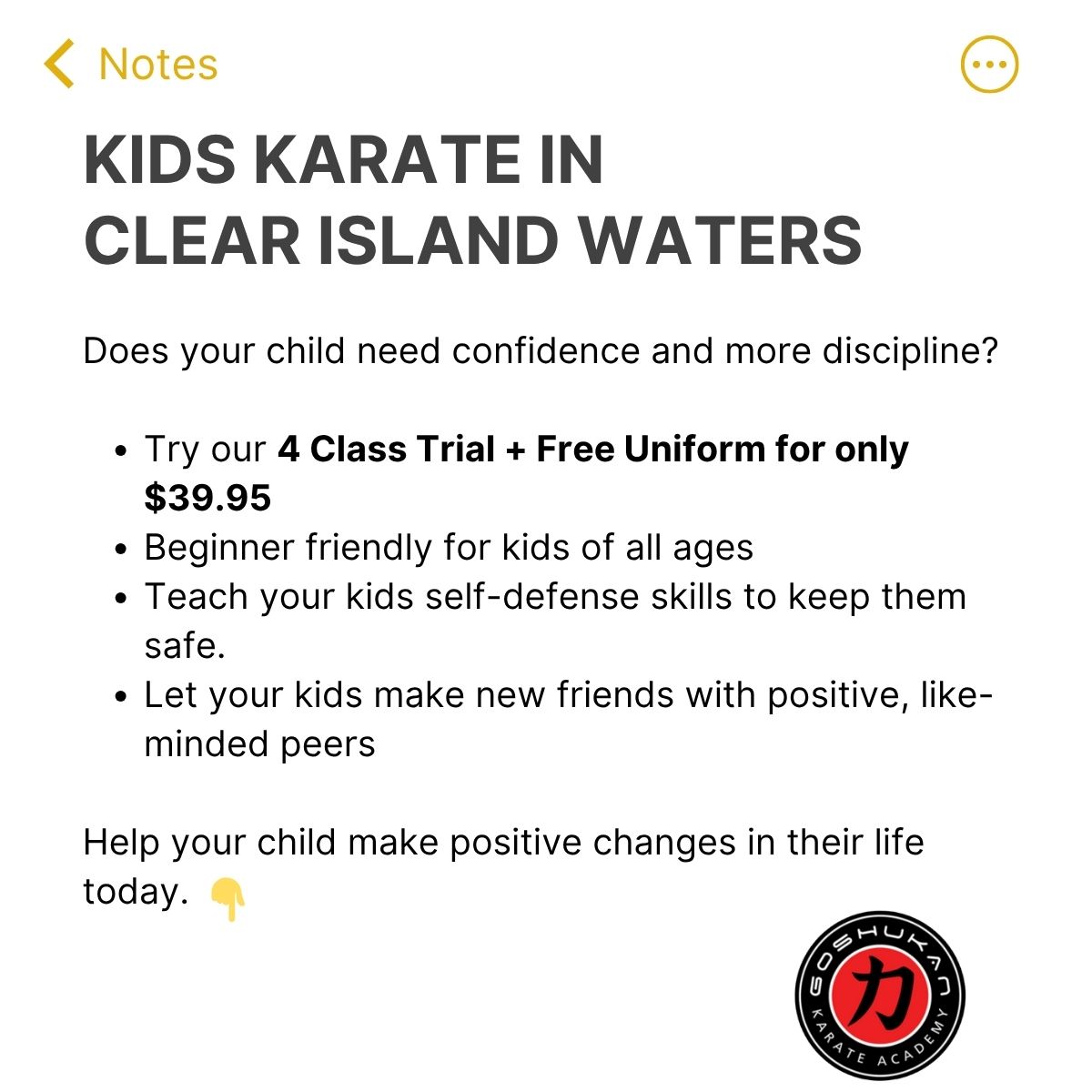 Goshukan Karate Academy Gold Coast Facebook ad