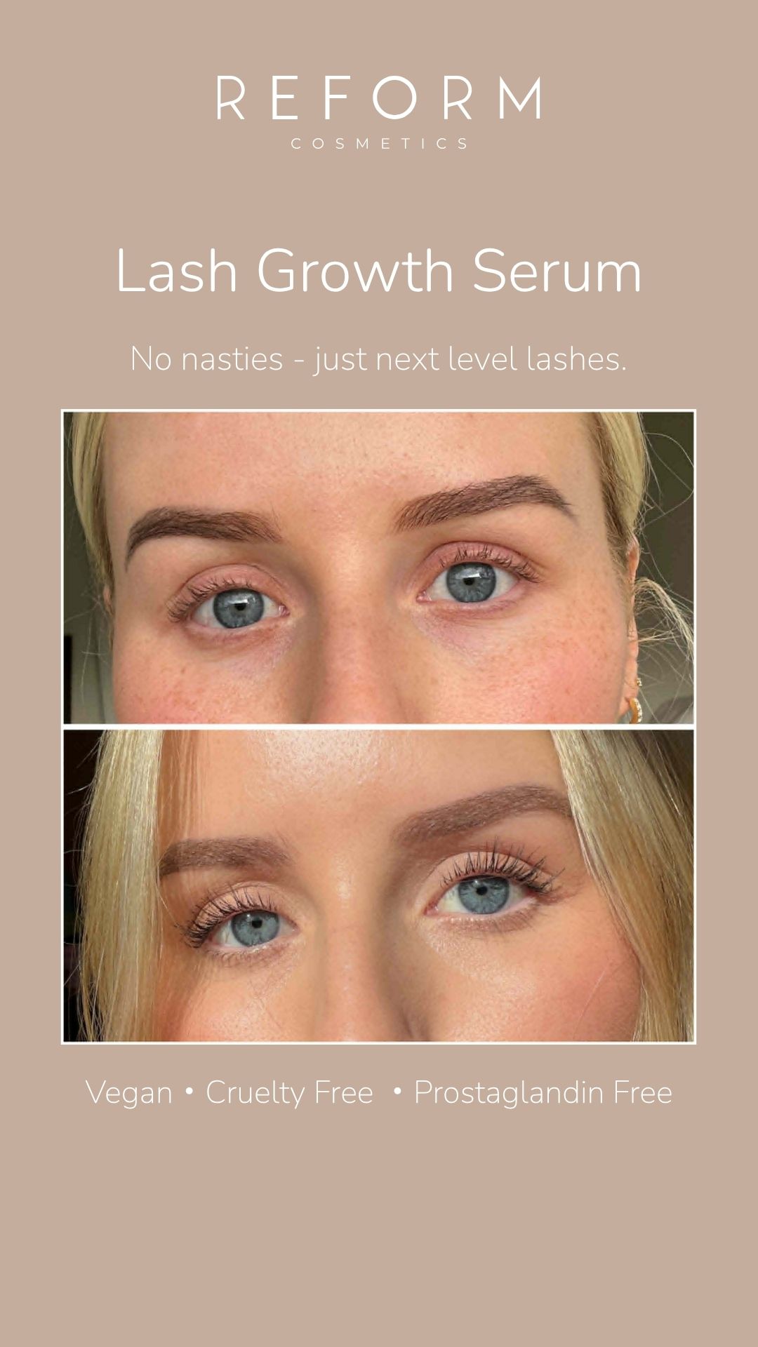 Reform Cosmetics NZ Facebook ad: No Nasties. Just next level lashes.
