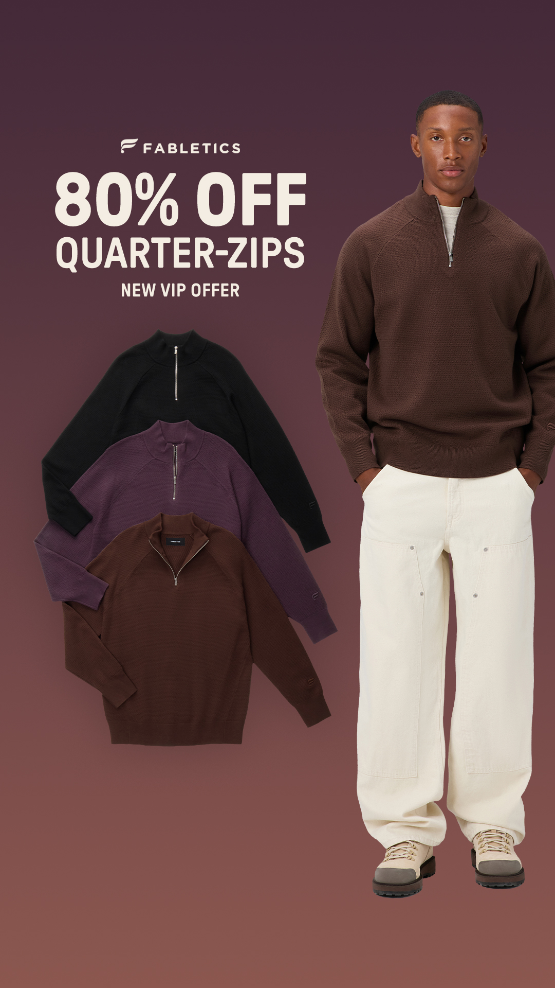 Fabletics Men Facebook ad: Meet the new Softtouch Quarter-Zip Sweater.