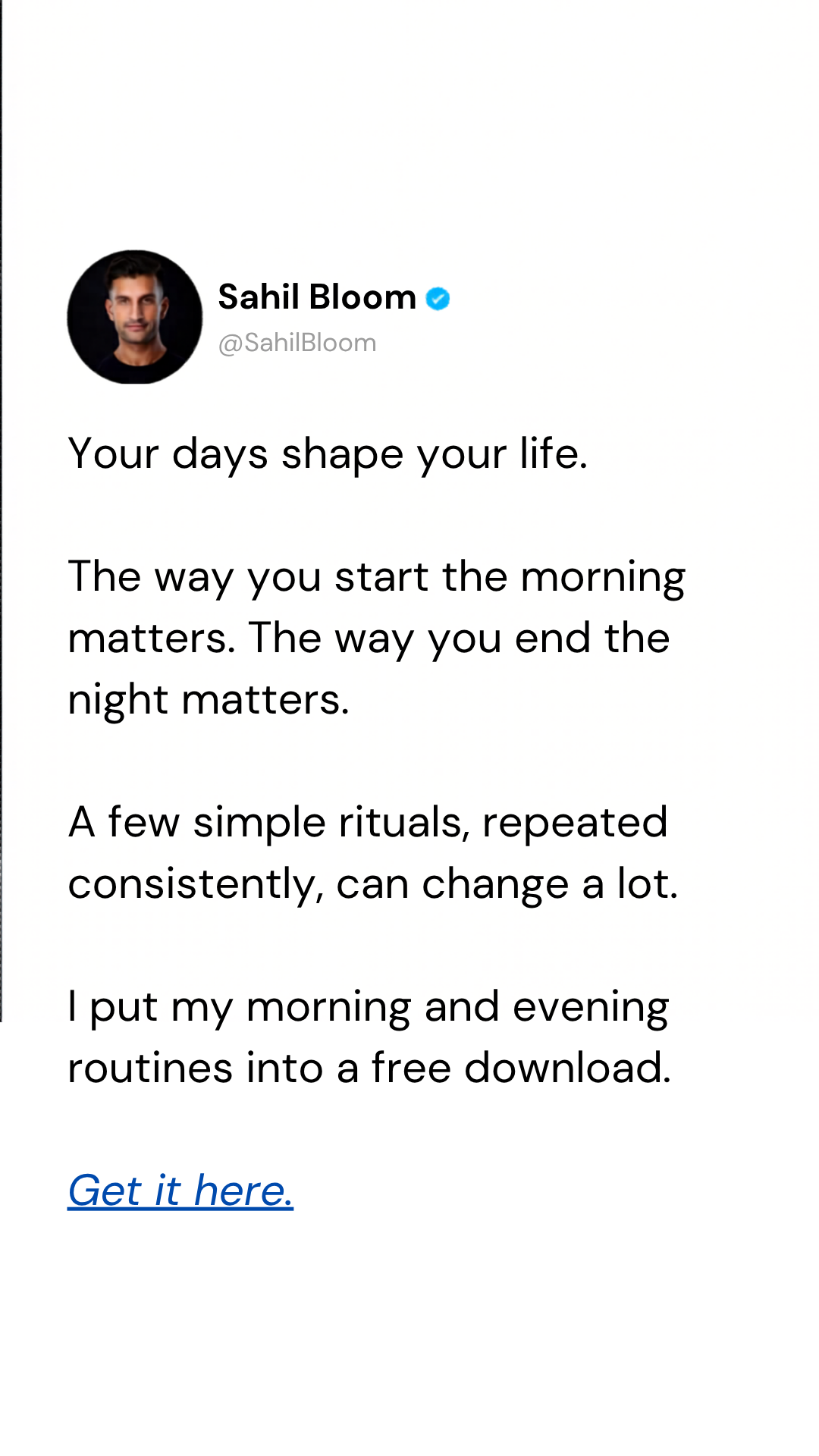 Sahil Bloom Facebook ad: My Morning + Evening Routine
