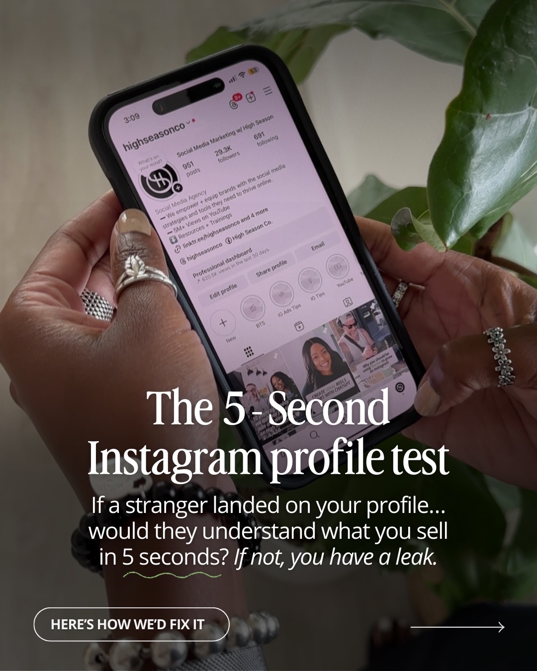 High Season Co. Facebook ad: When someone lands on your Instagram profile, they…
